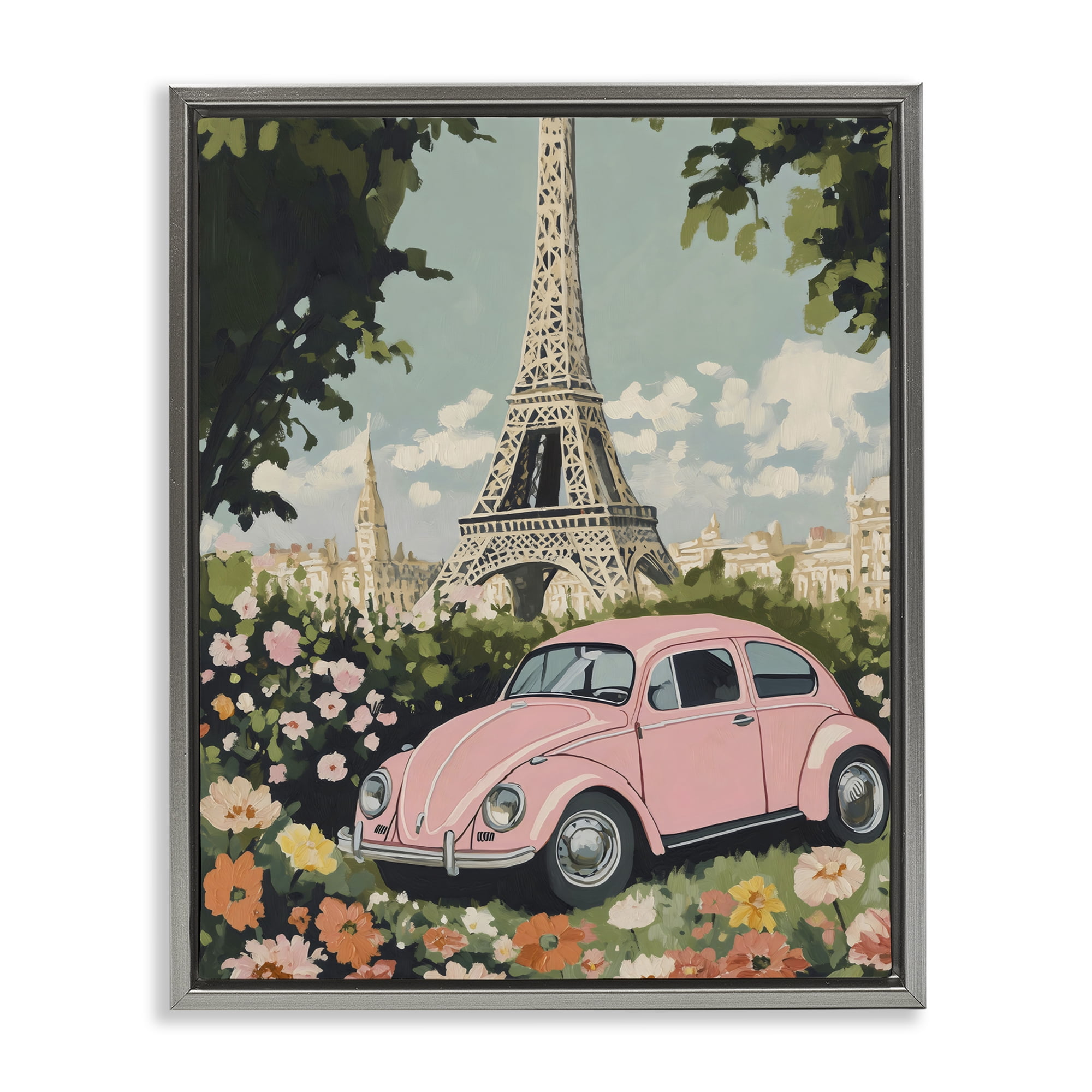 Stupell Industries Paris Pink Car in Bloom Gray Framed Floater Canvas Wall Art, design by The Prints Vibe