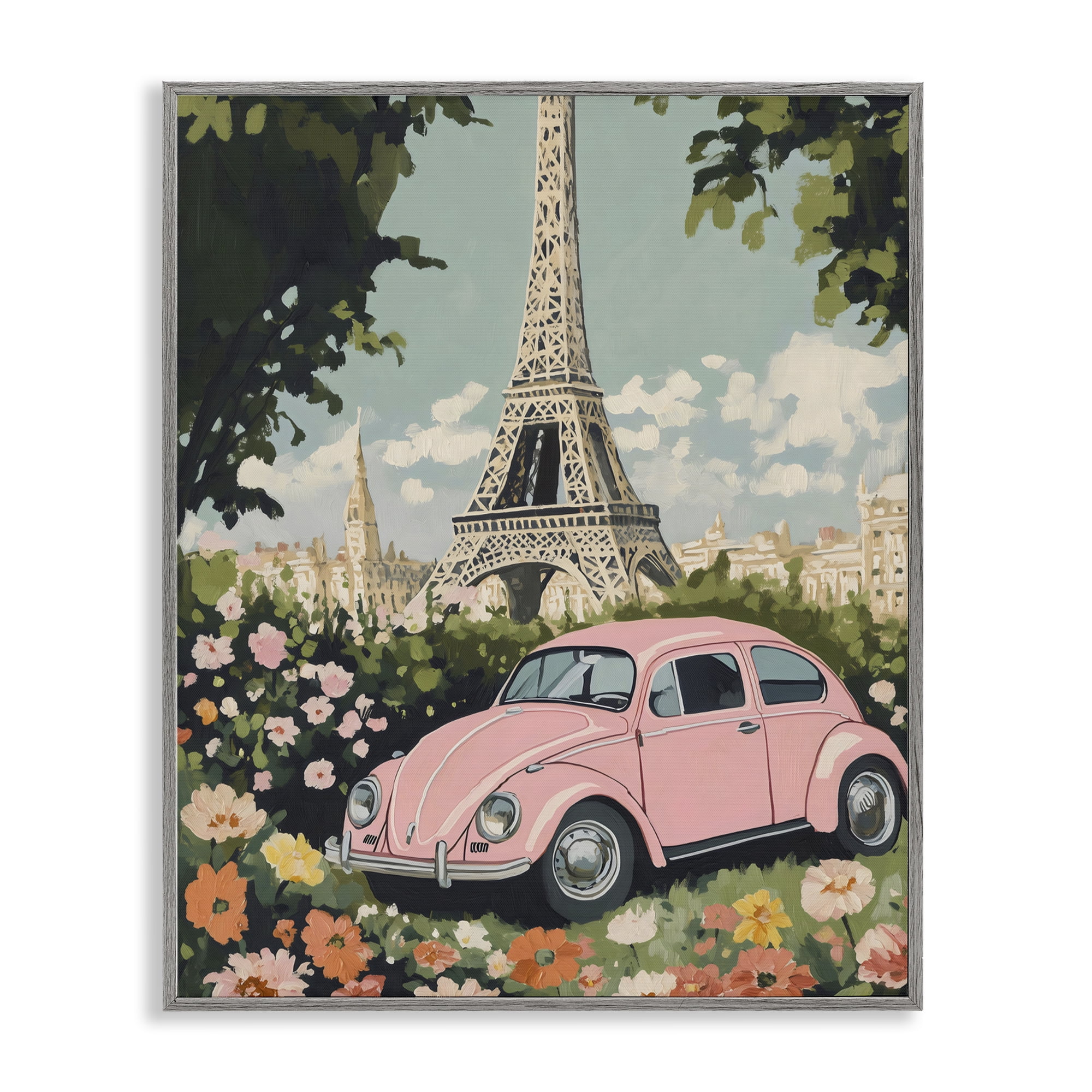 Stupell Industries Paris Pink Car in Bloom Gray Framed Giclee Art, design by The Prints Vibe