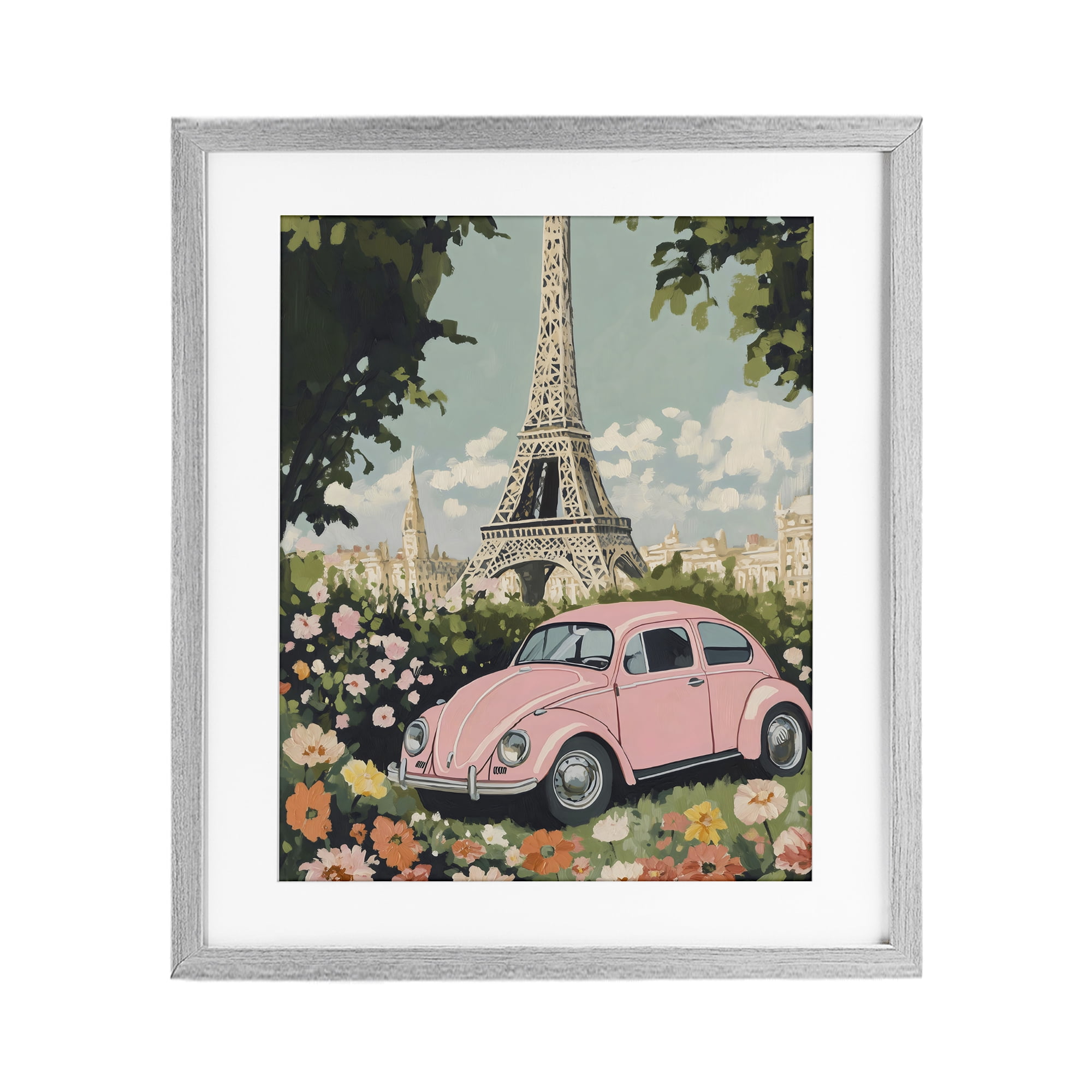 Stupell Industries Paris Pink Car in Bloom Gray Framed Print Under Glass, design by The Prints Vibe