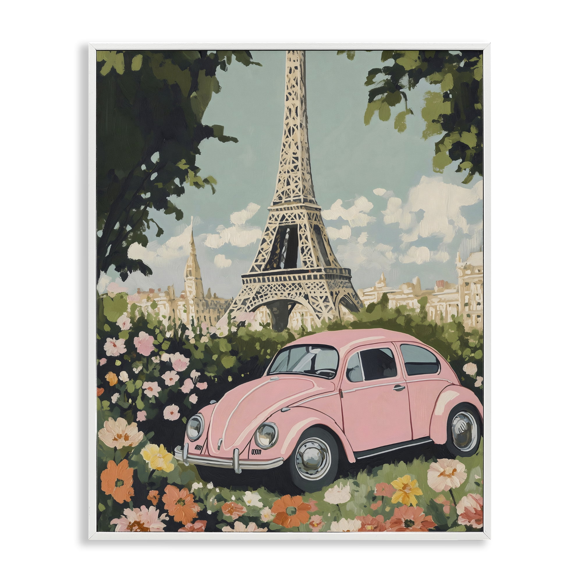 Stupell Industries Paris Pink Car in Bloom White Framed Giclee Art, design by The Prints Vibe