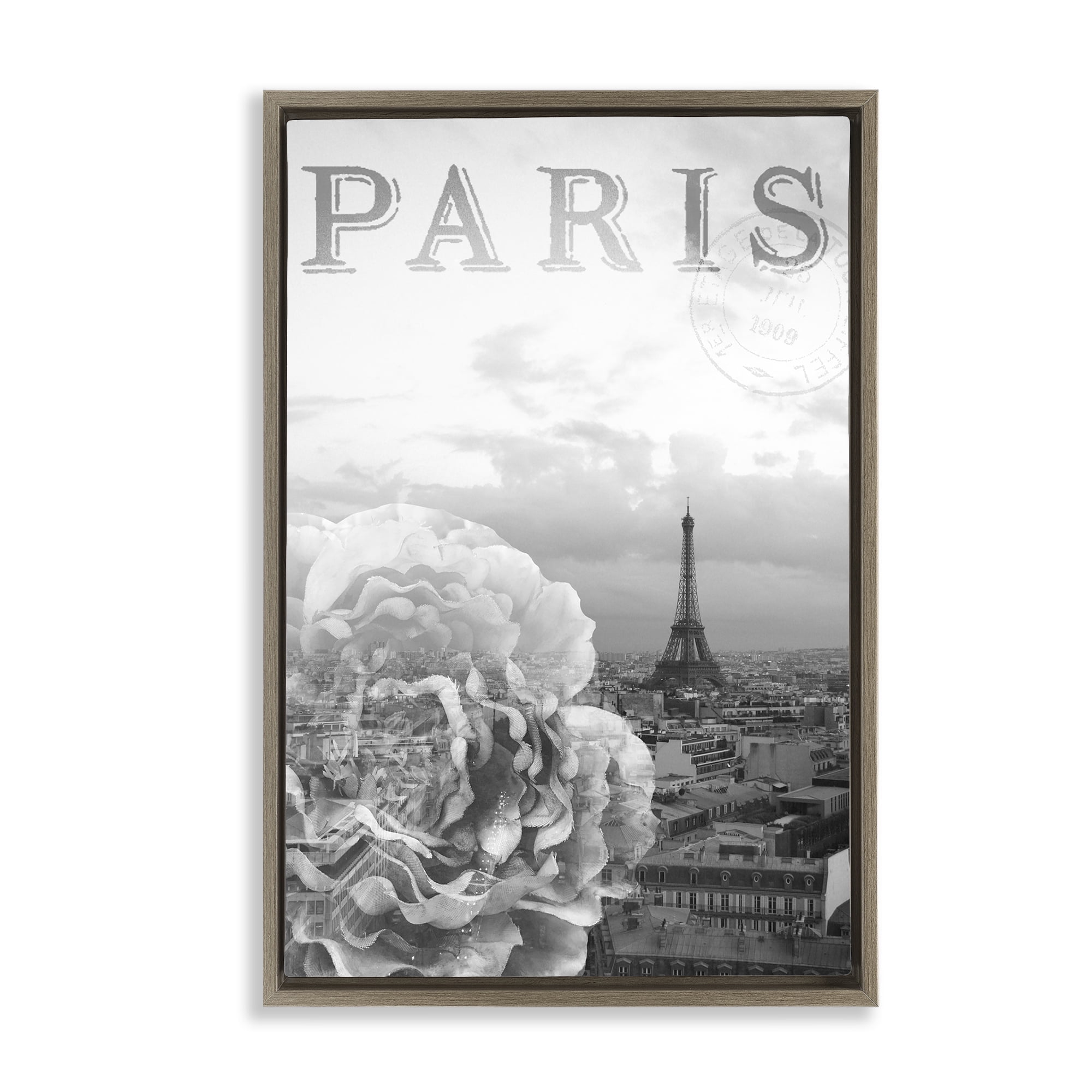 Stupell Industries Paris Postcard in Monochrome Brown Framed Floater Canvas Wall Art, design by Emily Navas