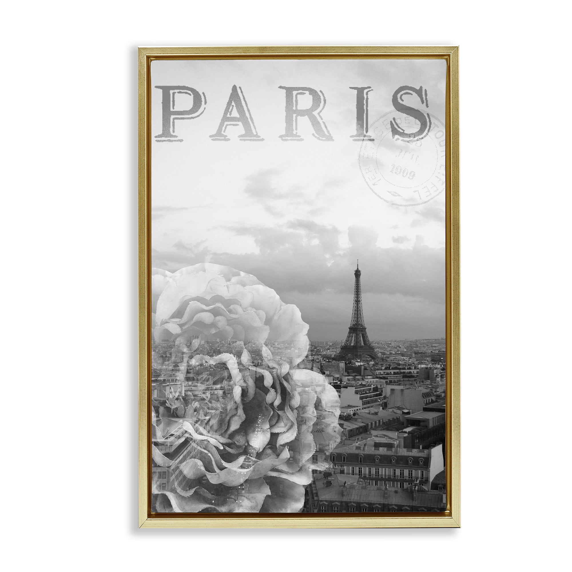 Stupell Industries Paris Postcard in Monochrome Gold Framed Floater Canvas Wall Art, design by Emily Navas