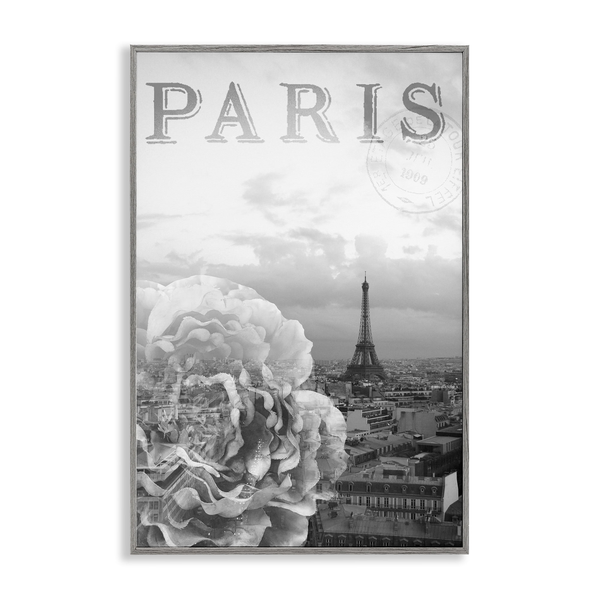 Stupell Industries Paris Postcard in Monochrome Gray Framed Giclee Art, design by Emily Navas