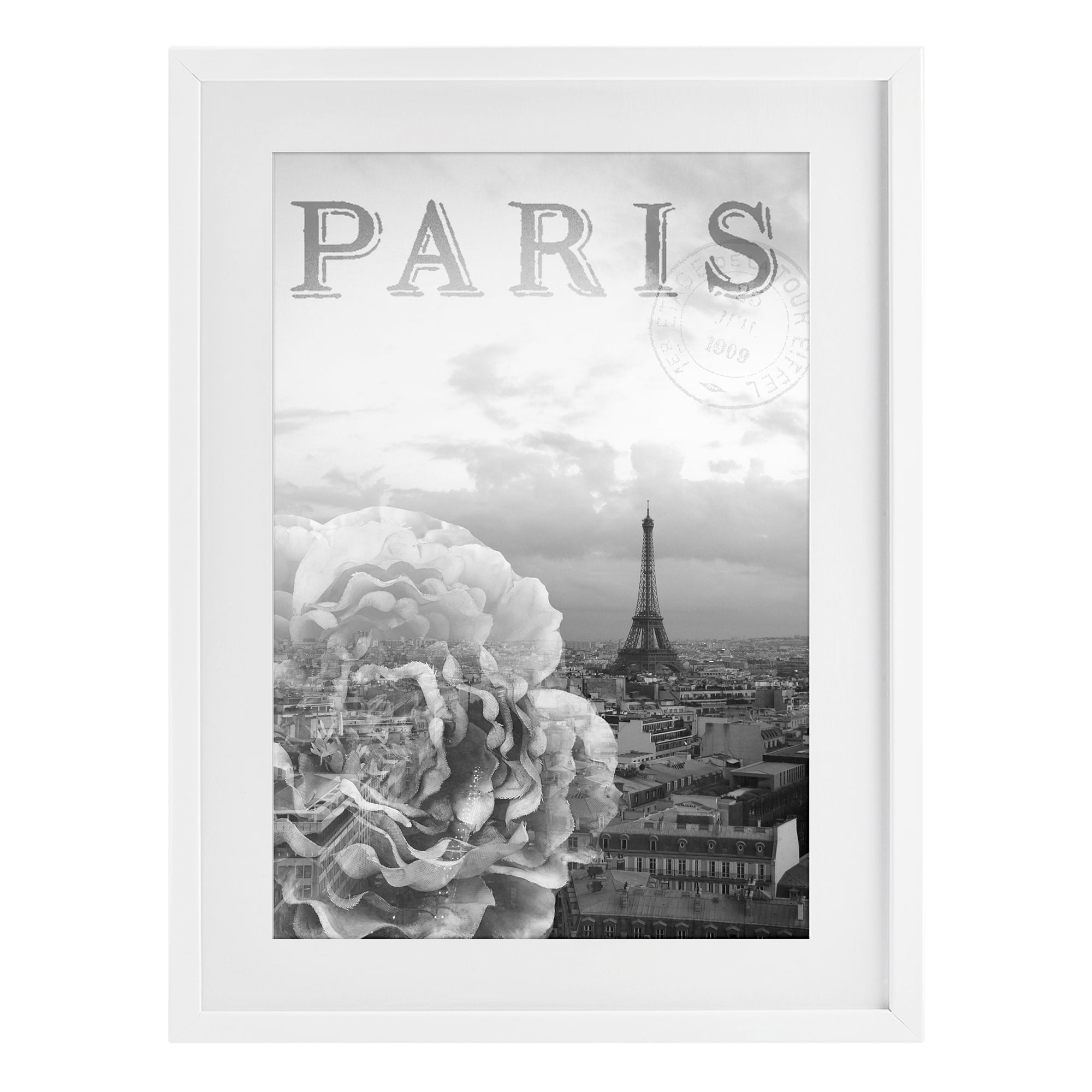 Stupell Industries Paris Postcard in Monochrome White Framed Print Under Glass, design by Emily Navas