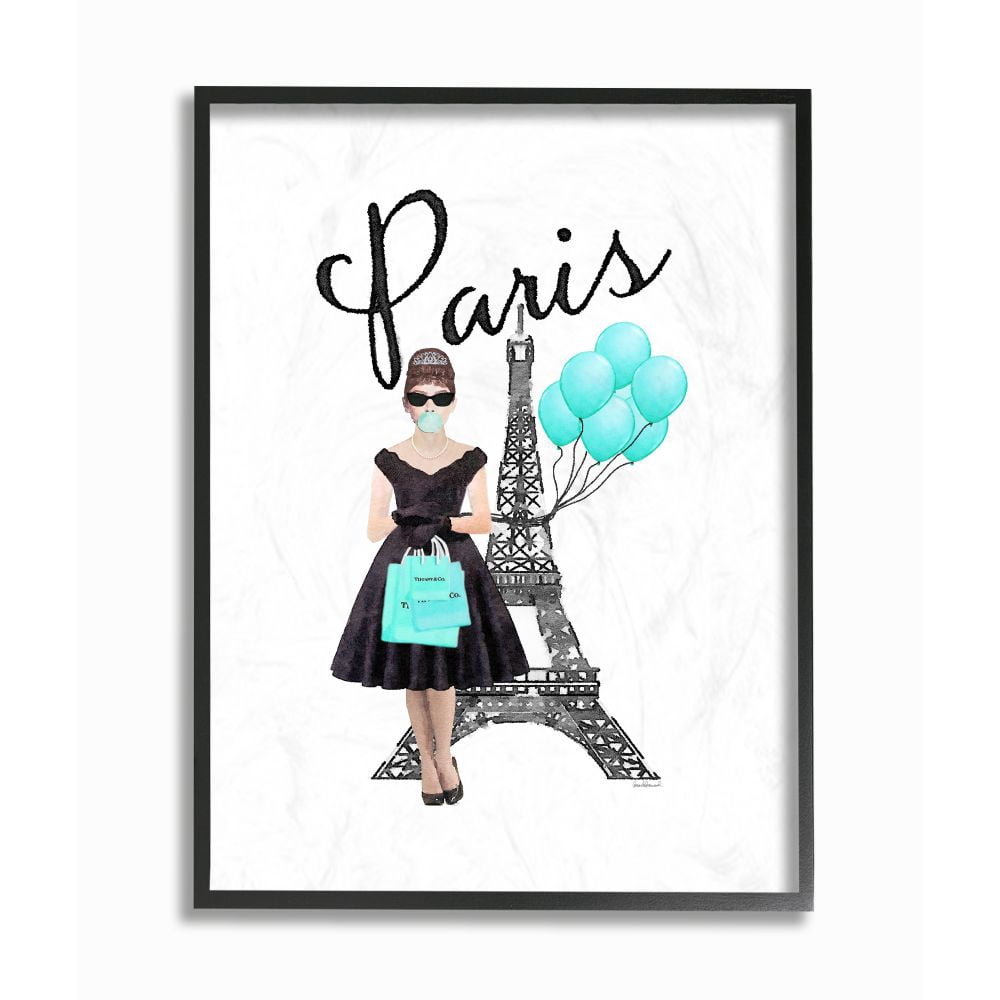 Stupell Industries Paris Woman Shopping Eiffel Tower Blue Glam Fashion Watercolor Framed Wall Art by Amanda Greenwood