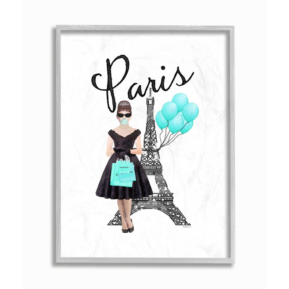 Stupell Industries Paris Woman Shopping Eiffel Tower Blue Glam Fashion Watercolor Framed Wall Art by Amanda Greenwood