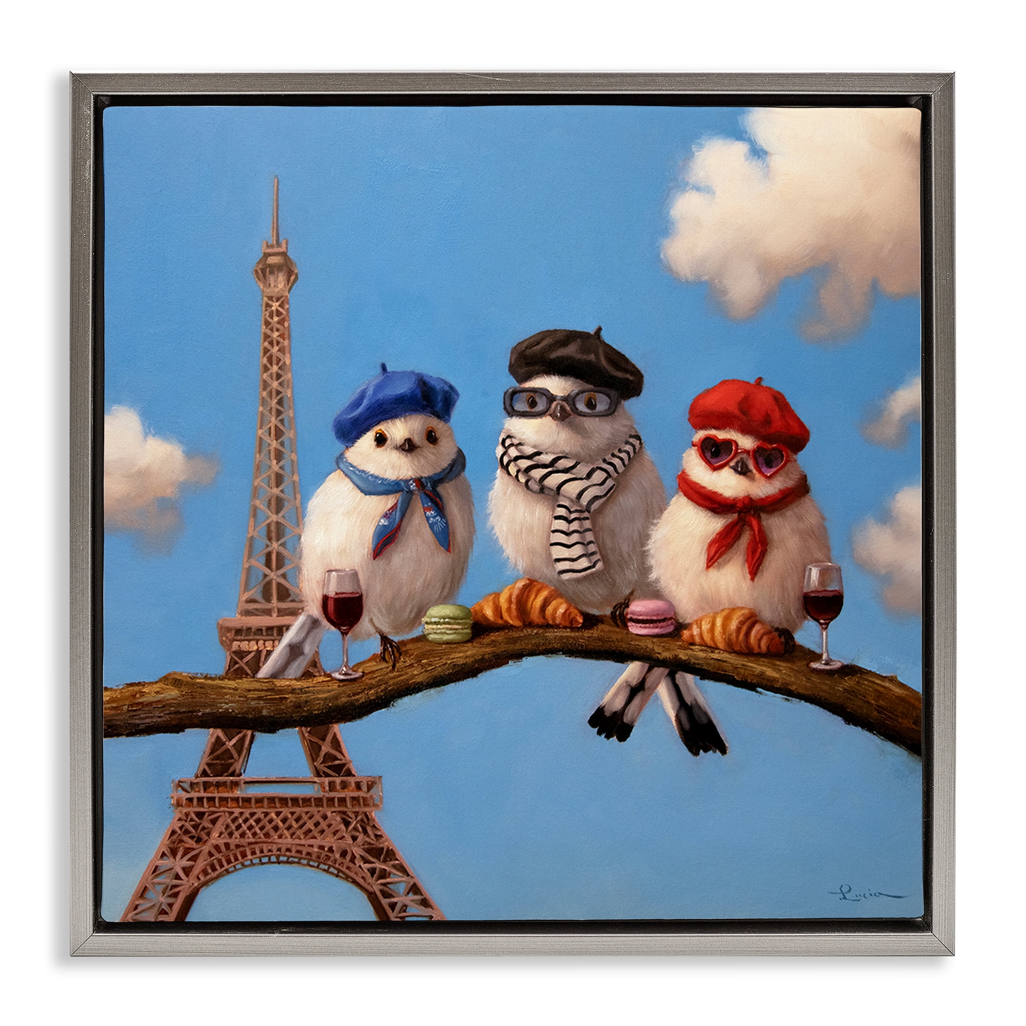Stupell Industries Parisian Chic Birds in Paris Gray Framed Floater Canvas Wall Art, design by Lucia Heffernan