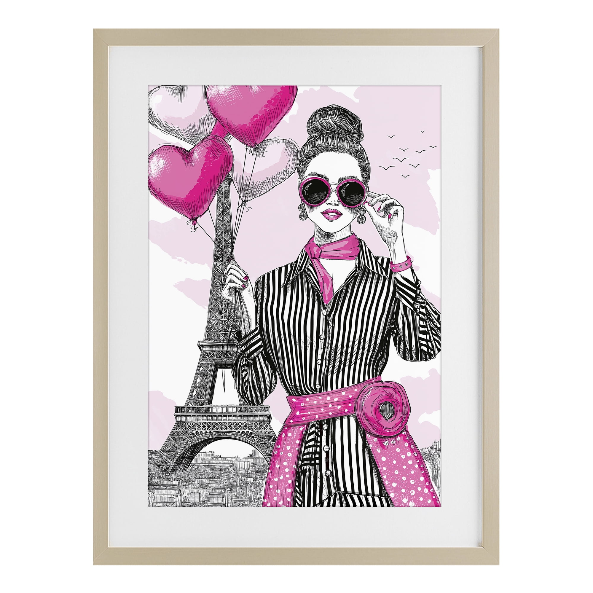 Stupell Industries Parisian Chic Woman with Balloons Birch Framed Print Under Glass, design by Jess Stempel