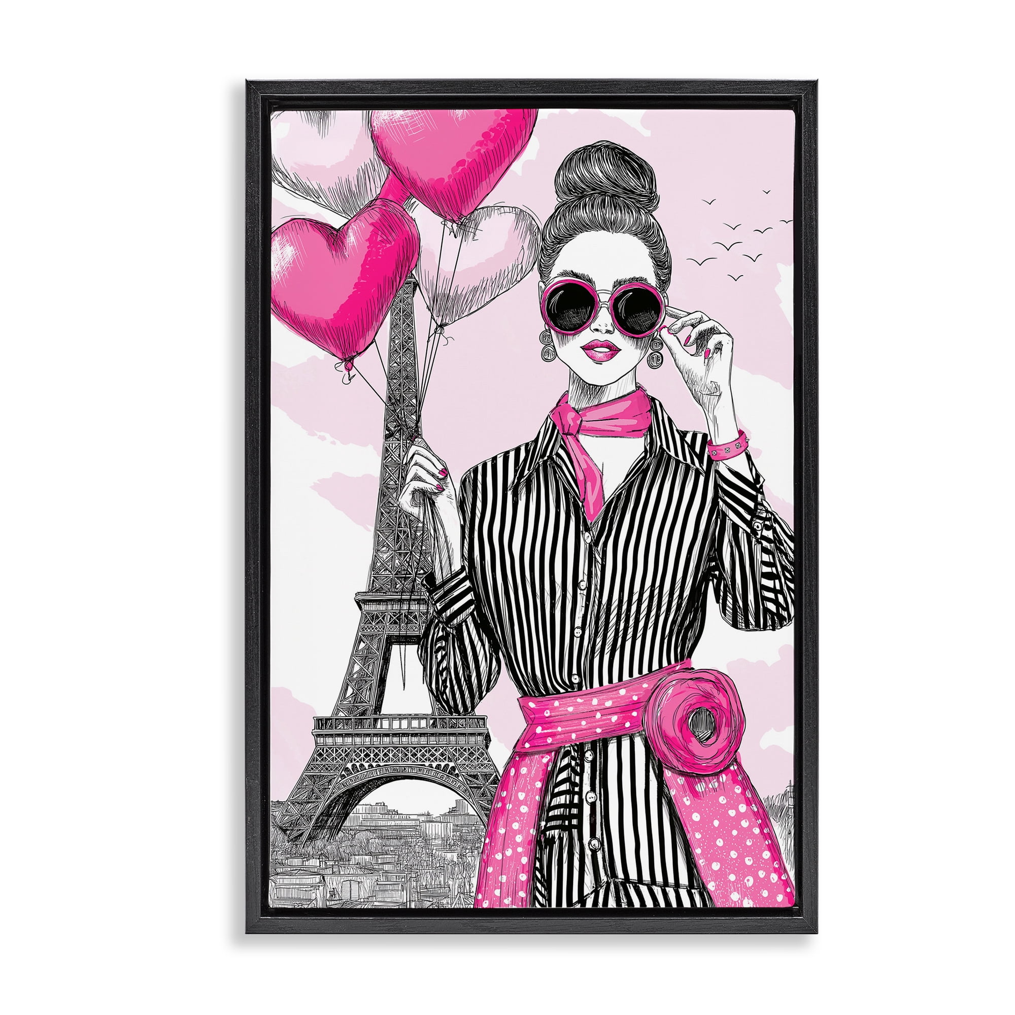 Stupell Industries Parisian Chic Woman with Balloons Black Framed Floater Canvas Wall Art, design by Jess Stempel