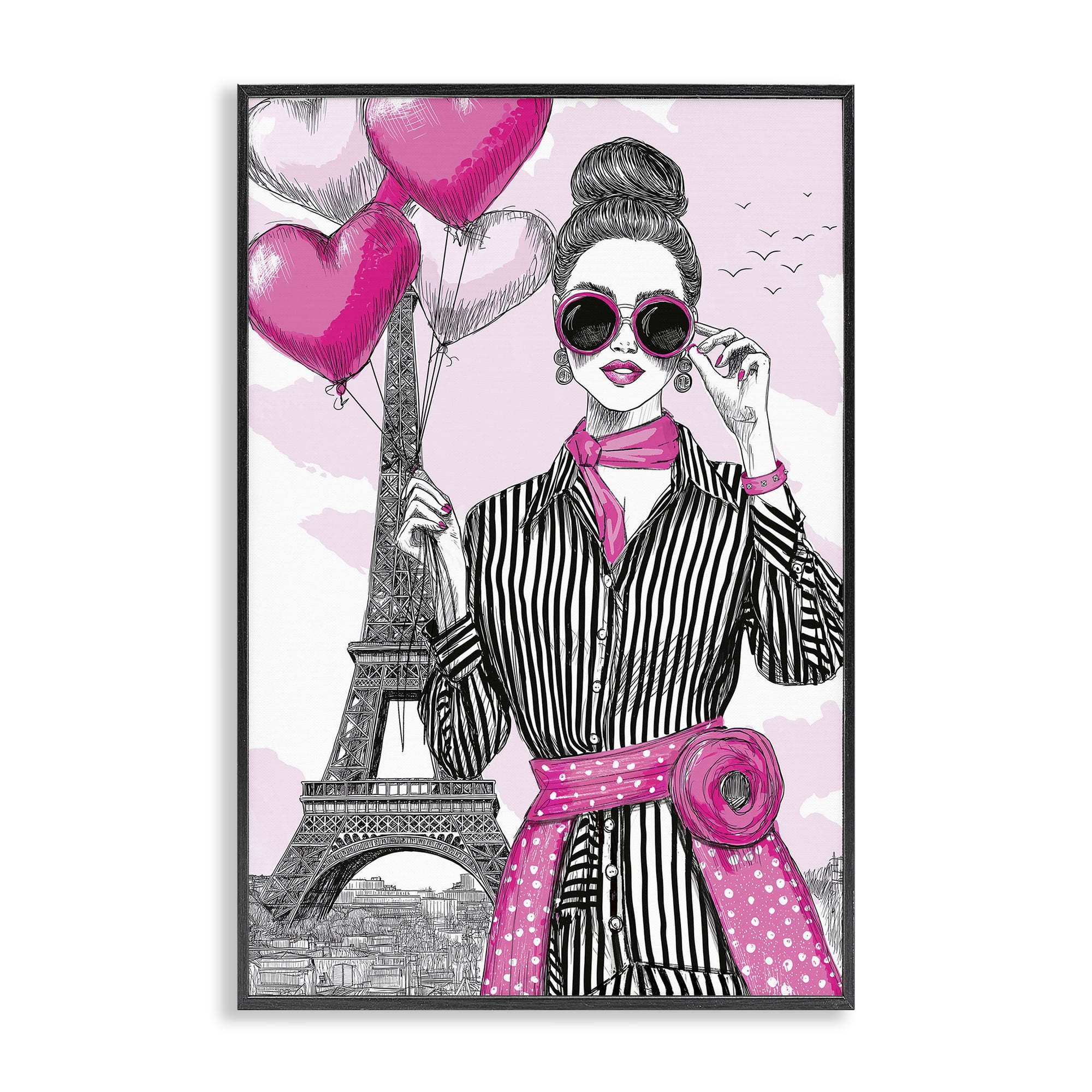 Stupell Industries Parisian Chic Woman with Balloons Black Framed Giclee Art, design by Jess Stempel