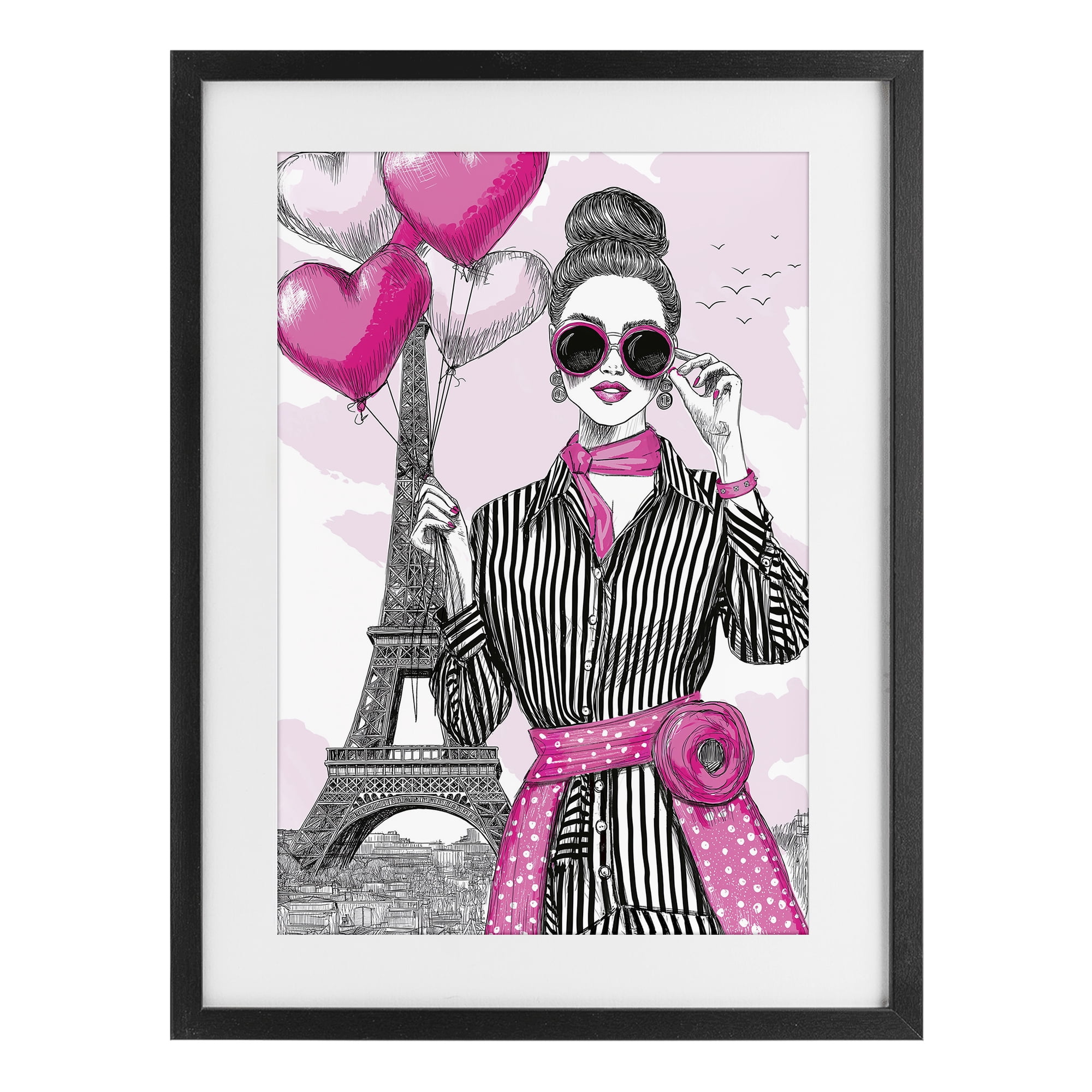 Stupell Industries Parisian Chic Woman with Balloons Black Framed Print Under Glass, design by Jess Stempel
