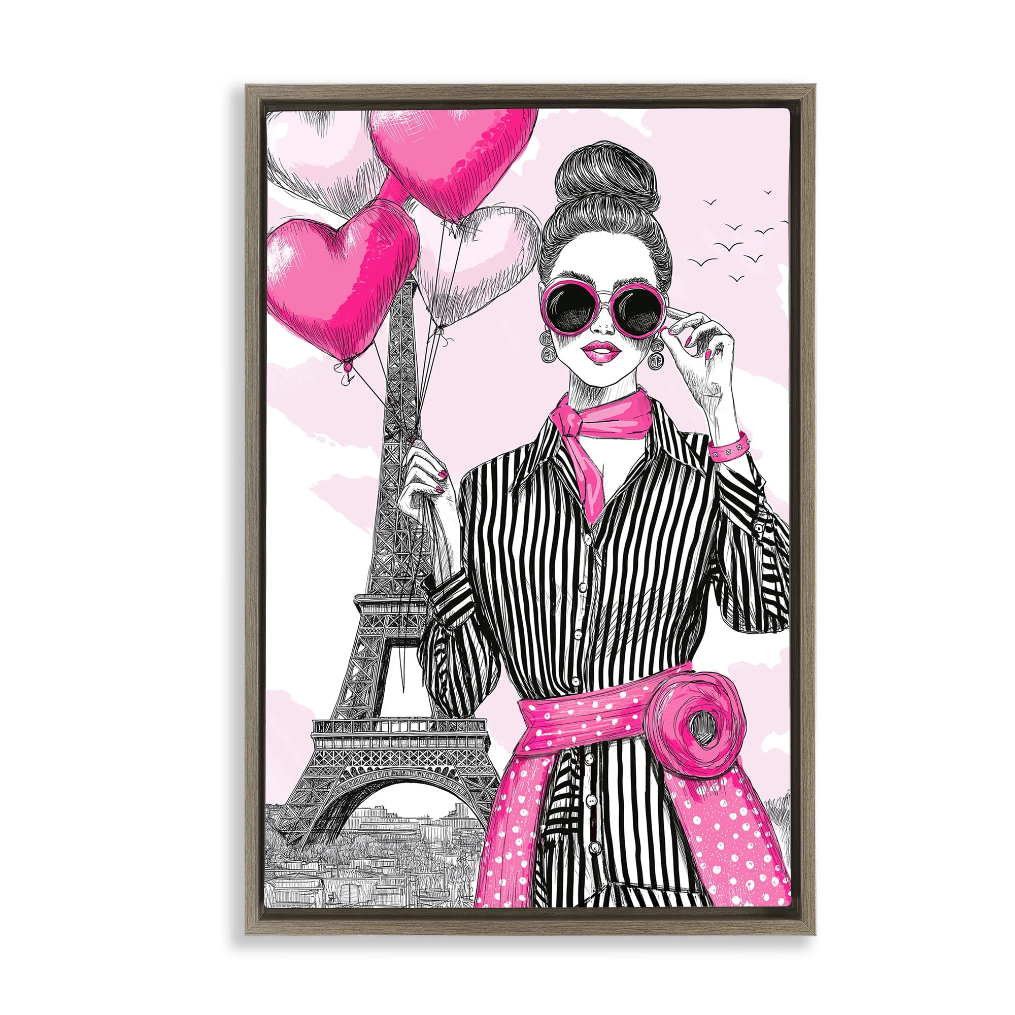 Stupell Industries Parisian Chic Woman with Balloons Brown Framed Floater Canvas Wall Art, design by Jess Stempel