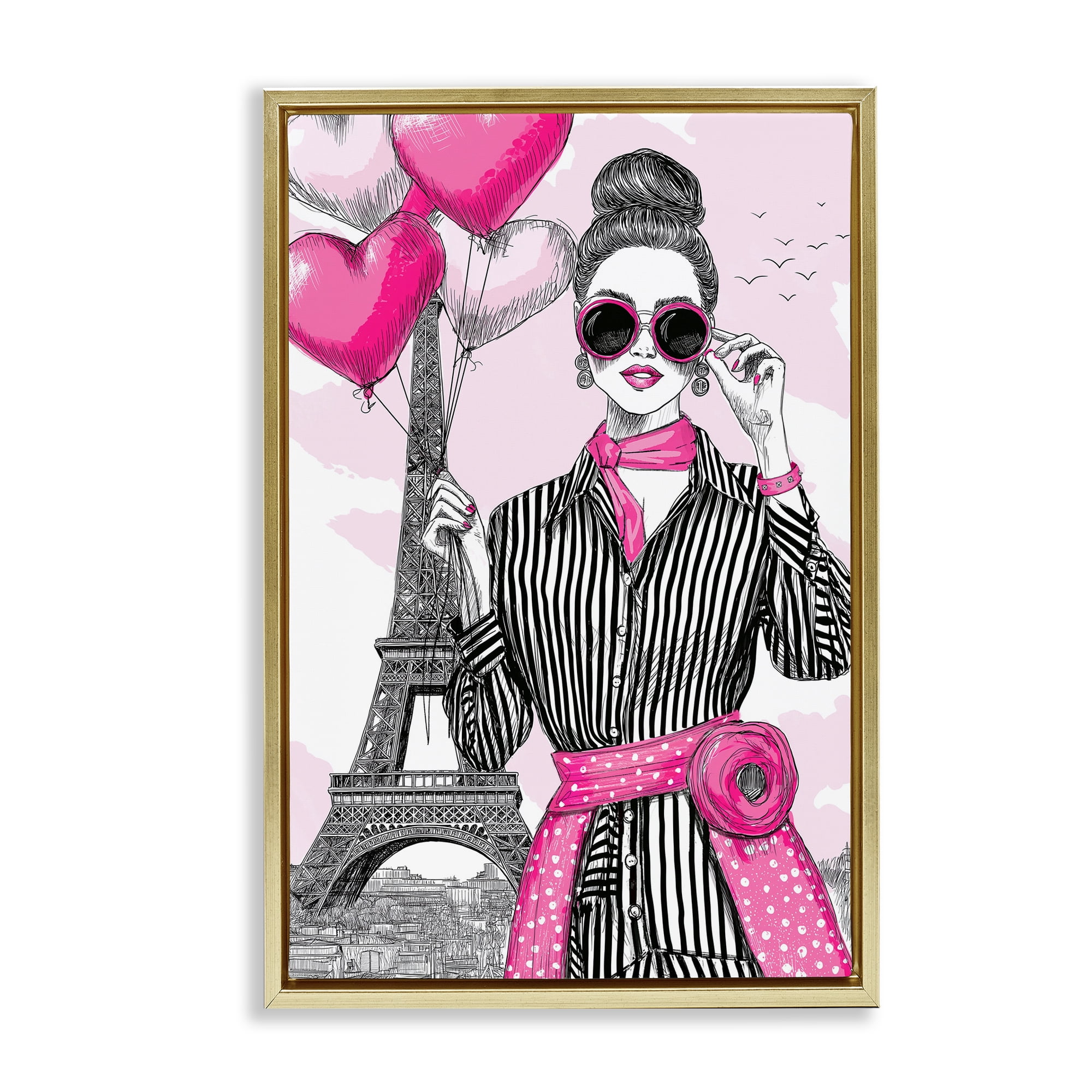 Stupell Industries Parisian Chic Woman with Balloons Gold Framed Floater Canvas Wall Art, design by Jess Stempel