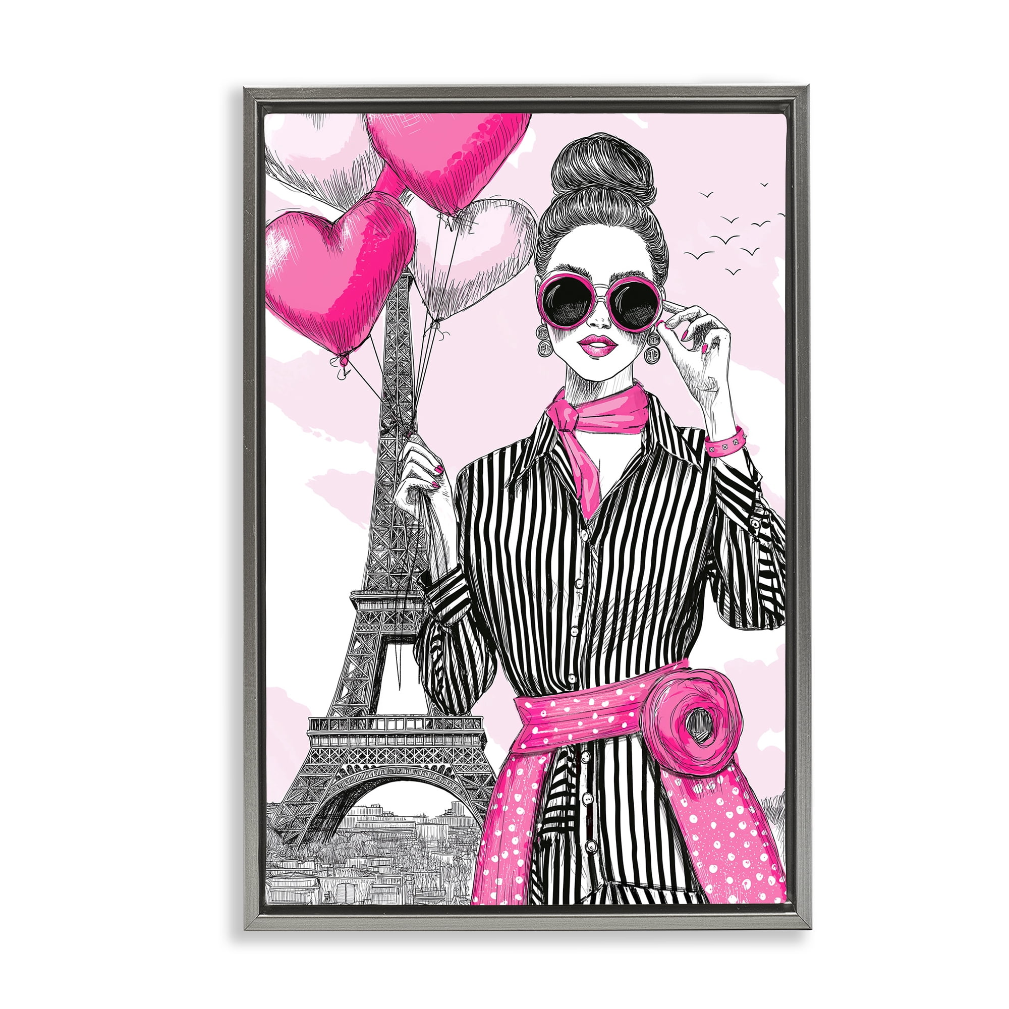 Stupell Industries Parisian Chic Woman with Balloons Gray Framed Floater Canvas Wall Art, design by Jess Stempel