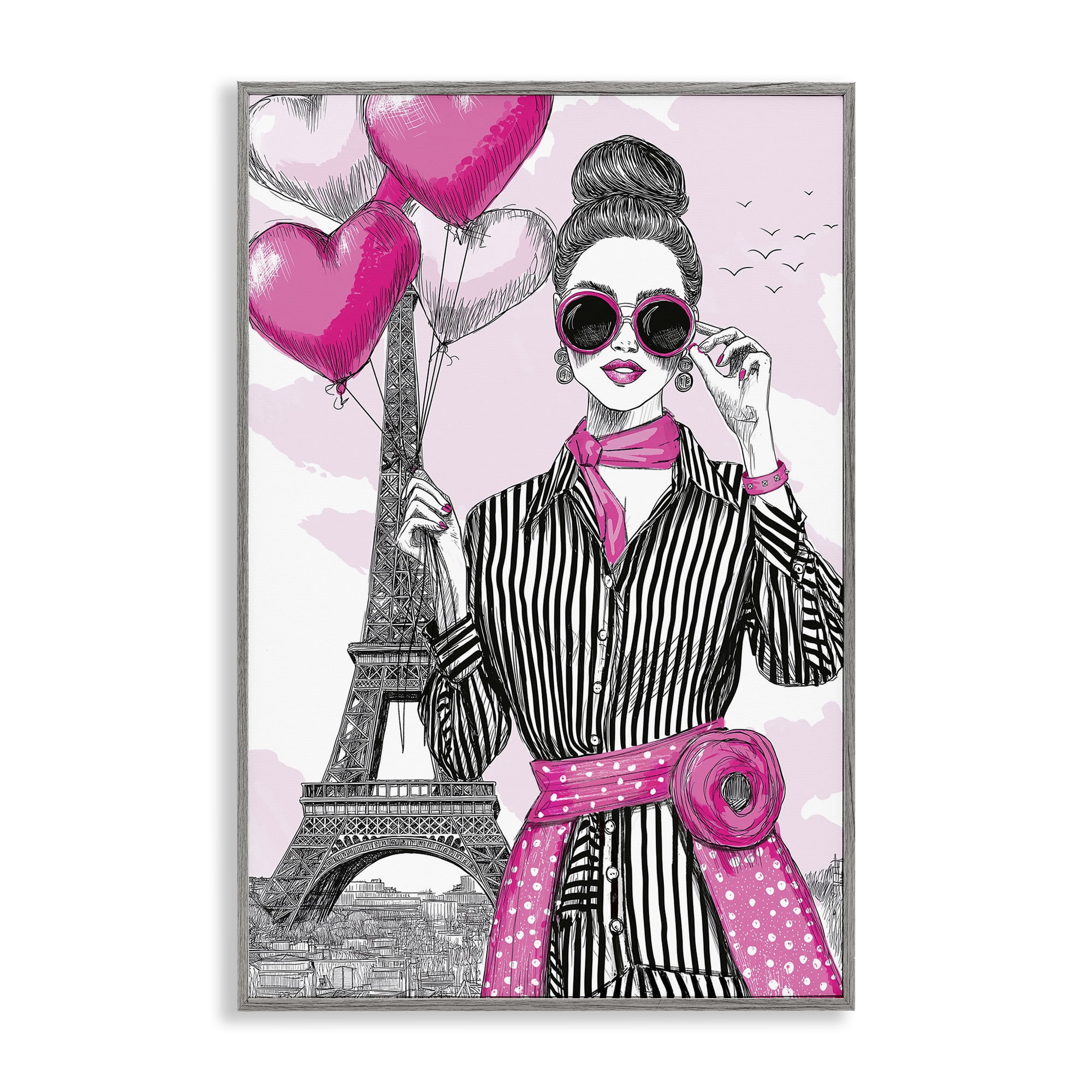 Stupell Industries Parisian Chic Woman with Balloons Gray Framed Giclee Art, design by Jess Stempel