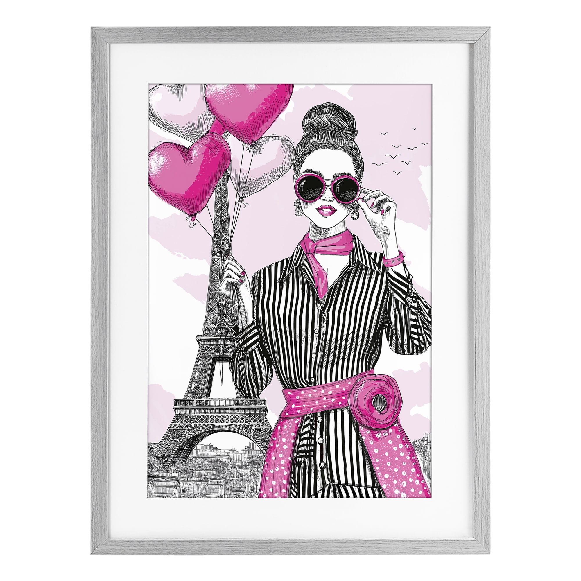 Stupell Industries Parisian Chic Woman with Balloons Gray Framed Print Under Glass, design by Jess Stempel