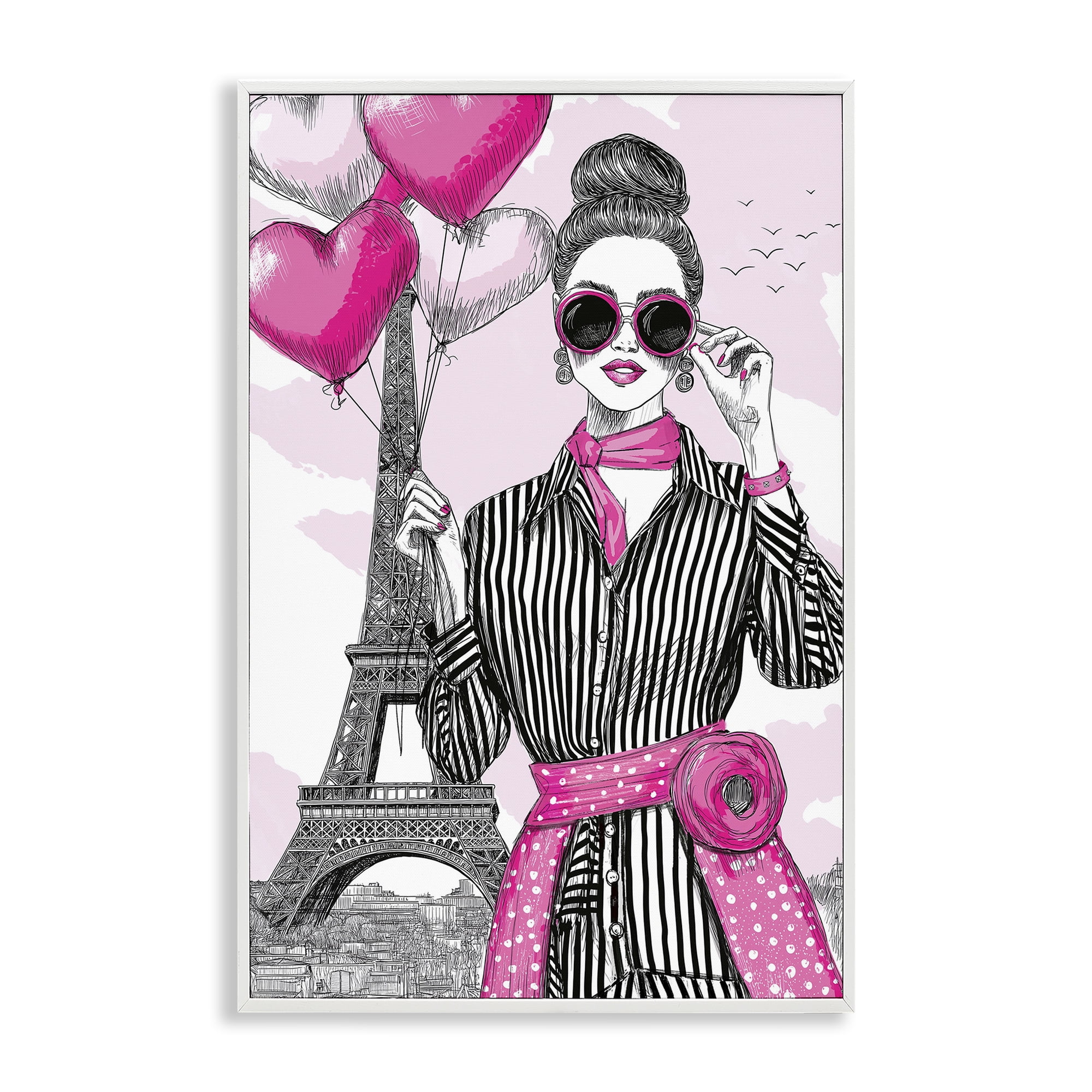 Stupell Industries Parisian Chic Woman with Balloons White Framed Giclee Art, design by Jess Stempel