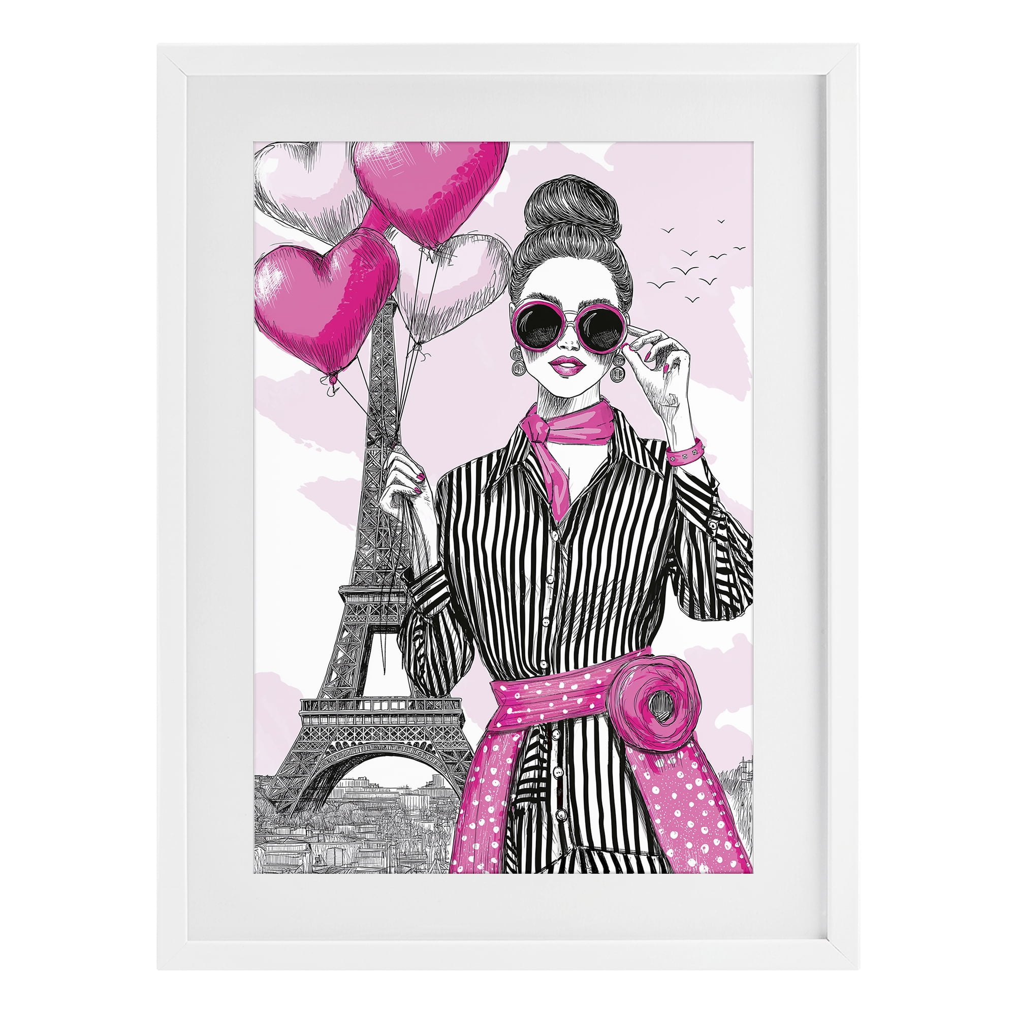 Stupell Industries Parisian Chic Woman with Balloons White Framed Print Under Glass, design by Jess Stempel