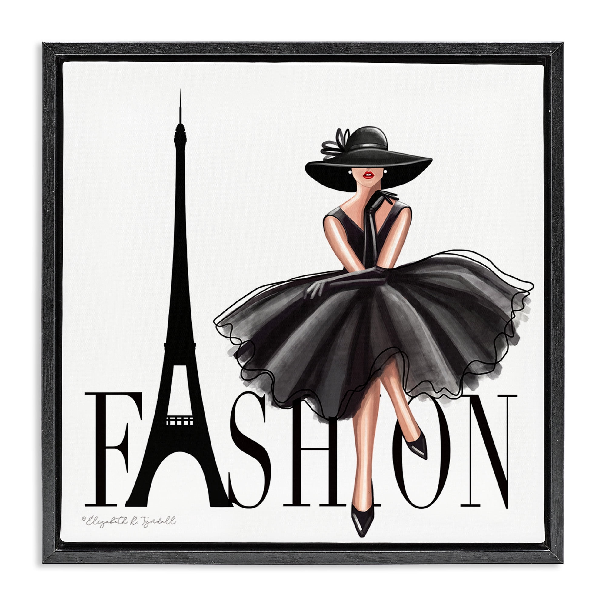 Stupell Industries Parisian Fashion Illustration Beauty & Fashion Painting Black Floater Framed Canvas Art Print Wall Art, 25 x 25