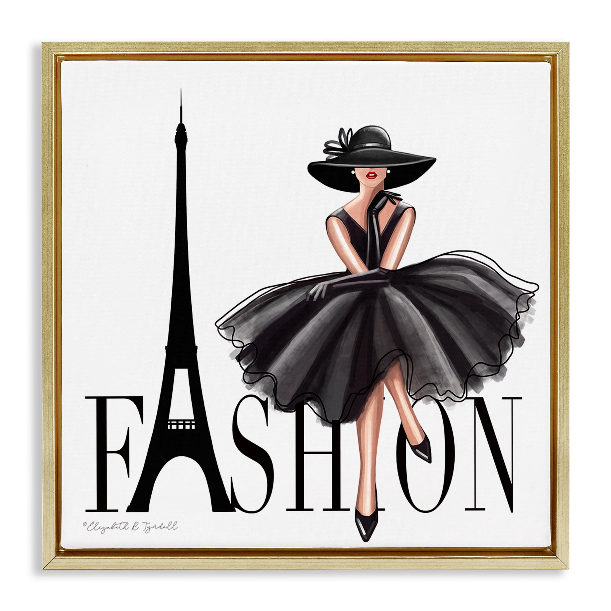 Stupell Industries Parisian Fashion Illustration Beauty & Fashion Painting Gold Floater Framed Canvas Art Print Wall Art, 18 x 18