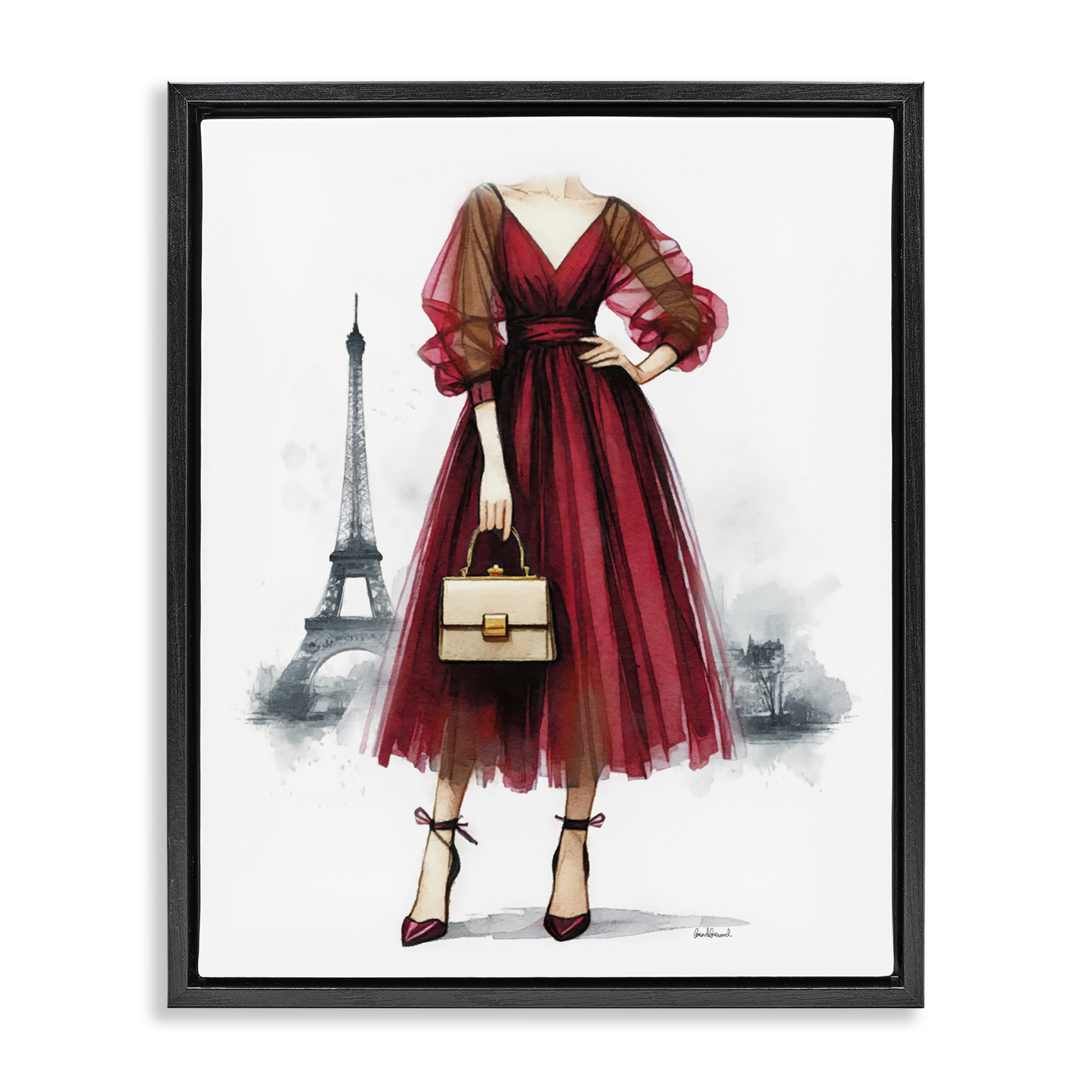 Stupell Industries Parisian Fashion Red Dress Fashion Painting Black Floater Framed Canvas Art Print Wall Art, 17 x 21