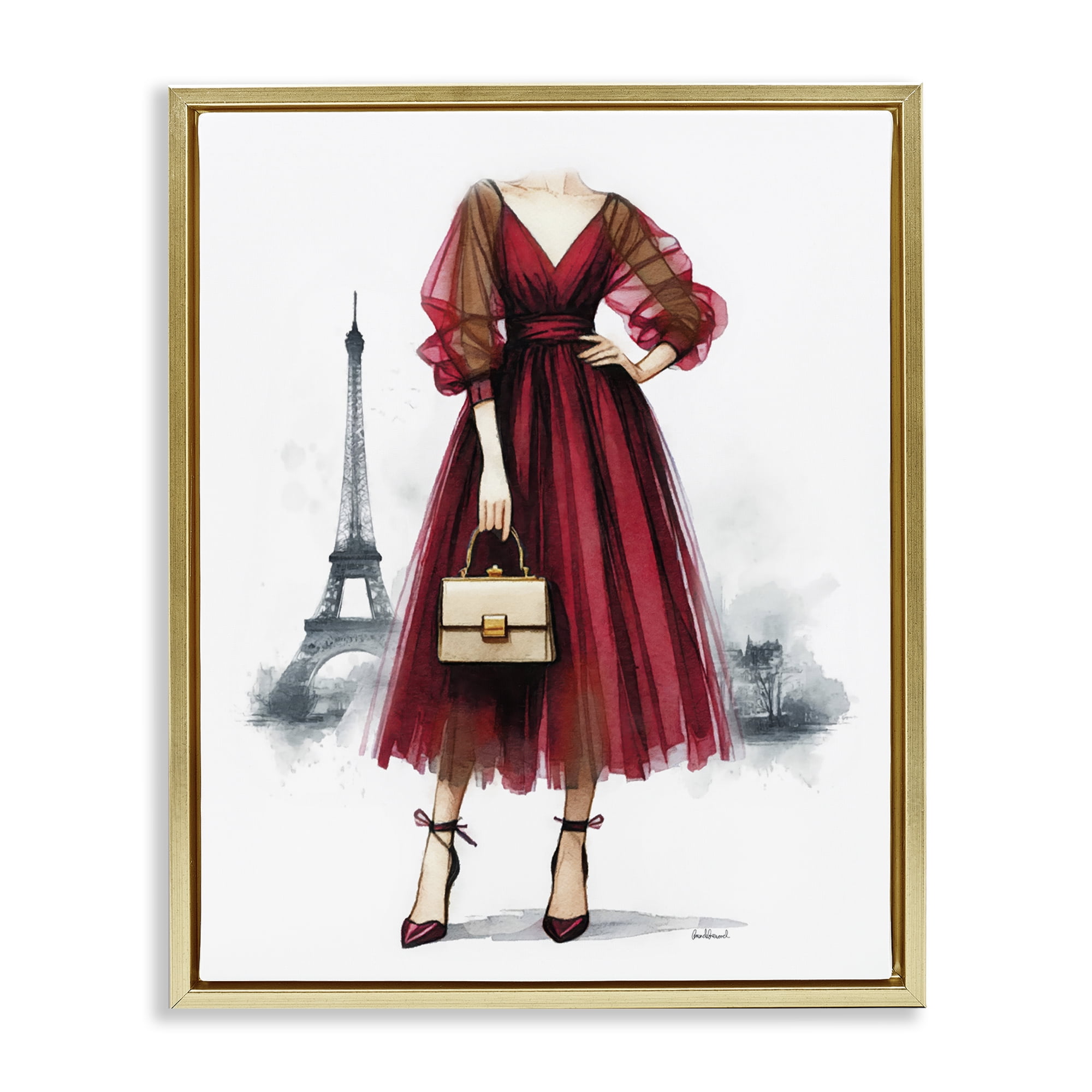 Stupell Industries Parisian Fashion Red Dress Fashion Painting Gold Floater Framed Canvas Art Print Wall Art, 17 x 21