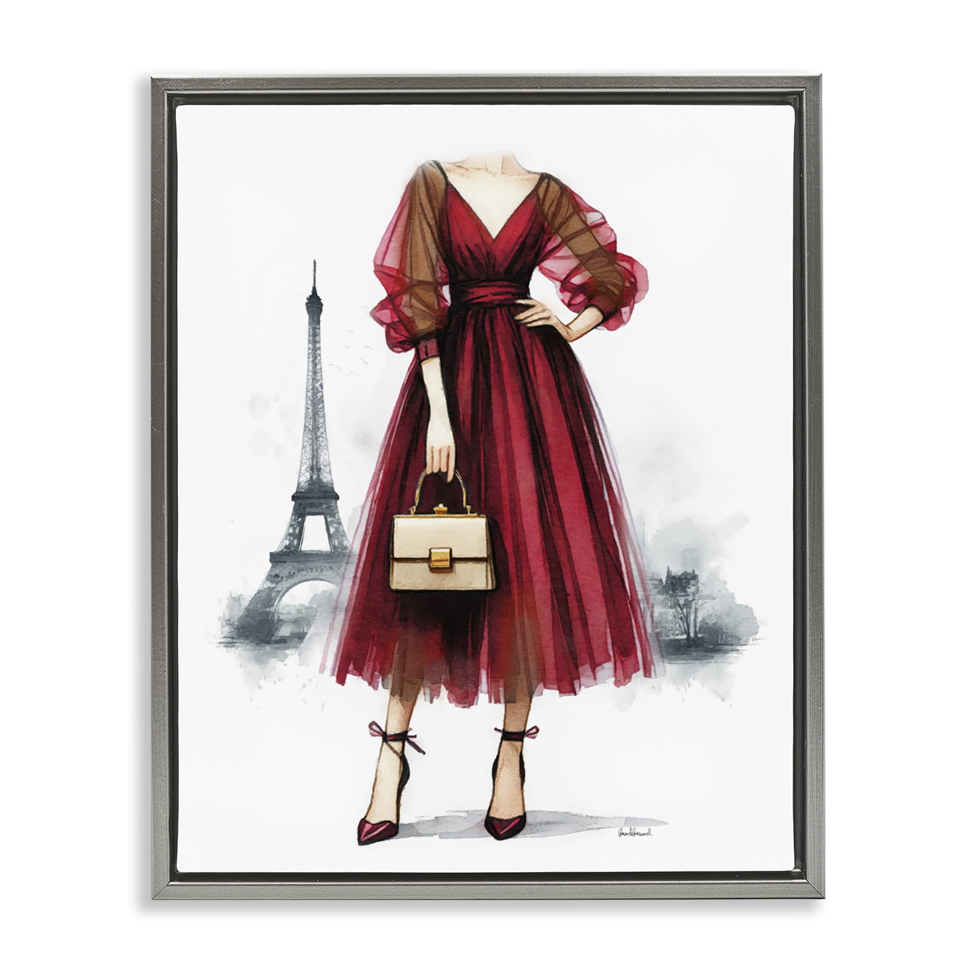 Stupell Industries Parisian Fashion Red Dress Fashion Painting Gray Floater Framed Canvas Art Print Wall Art, 17 x 21