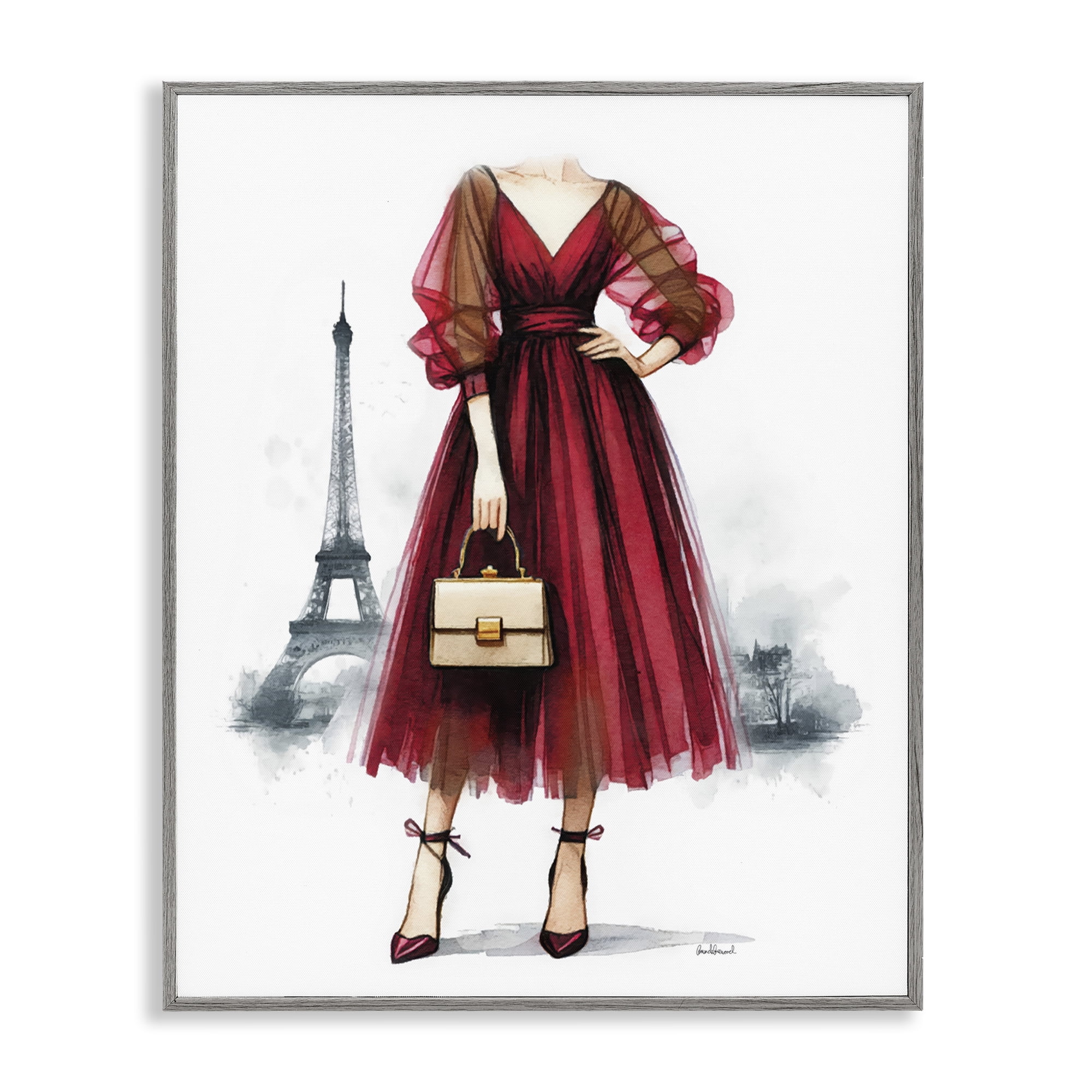 Stupell Industries Parisian Fashion Red Dress Fashion Painting Gray Framed Art Print Wall Art, 11 x 14