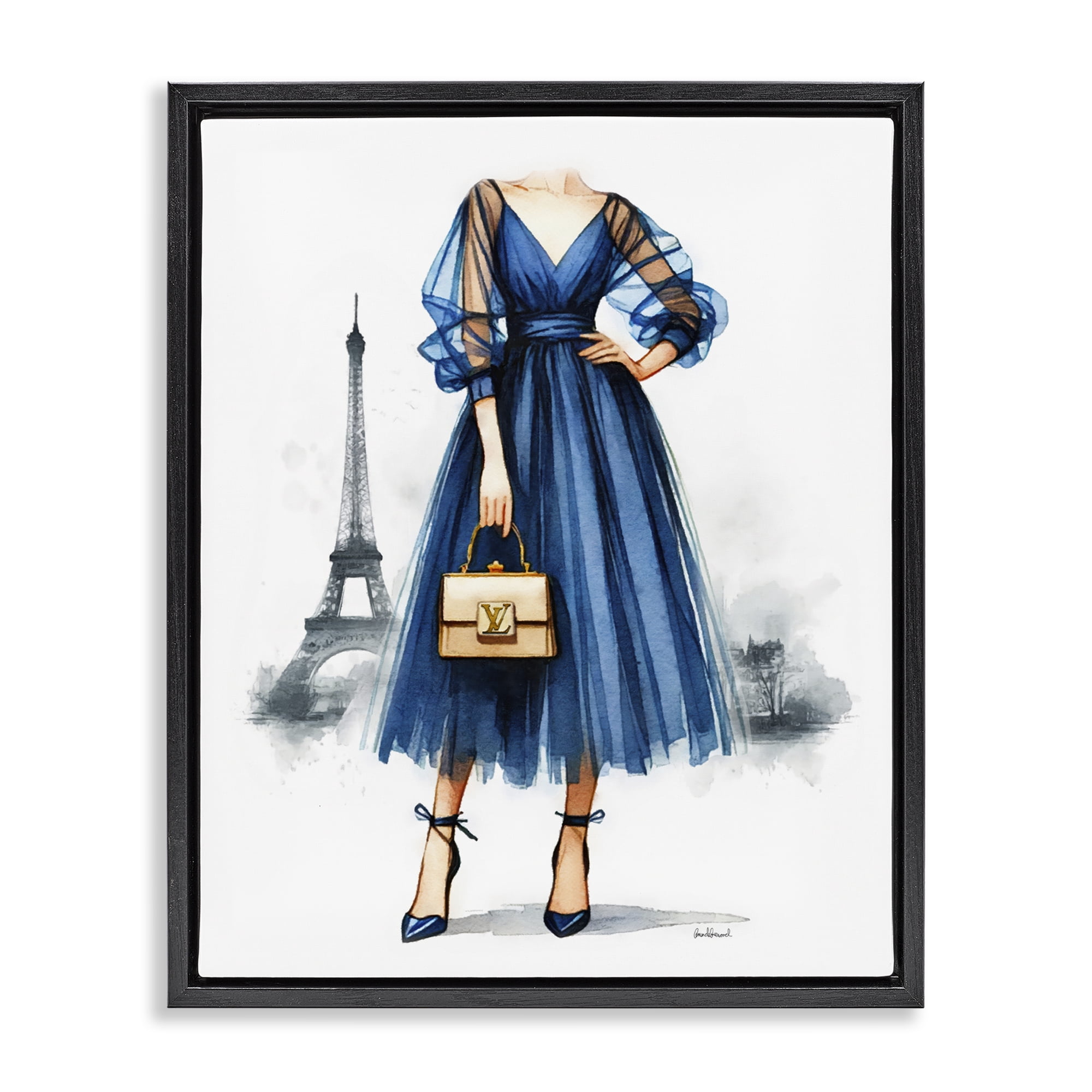 Stupell Industries Parisian Fashion Woman Fashion Painting Black Floater Framed Canvas Art Print Wall Art, 25 x 31