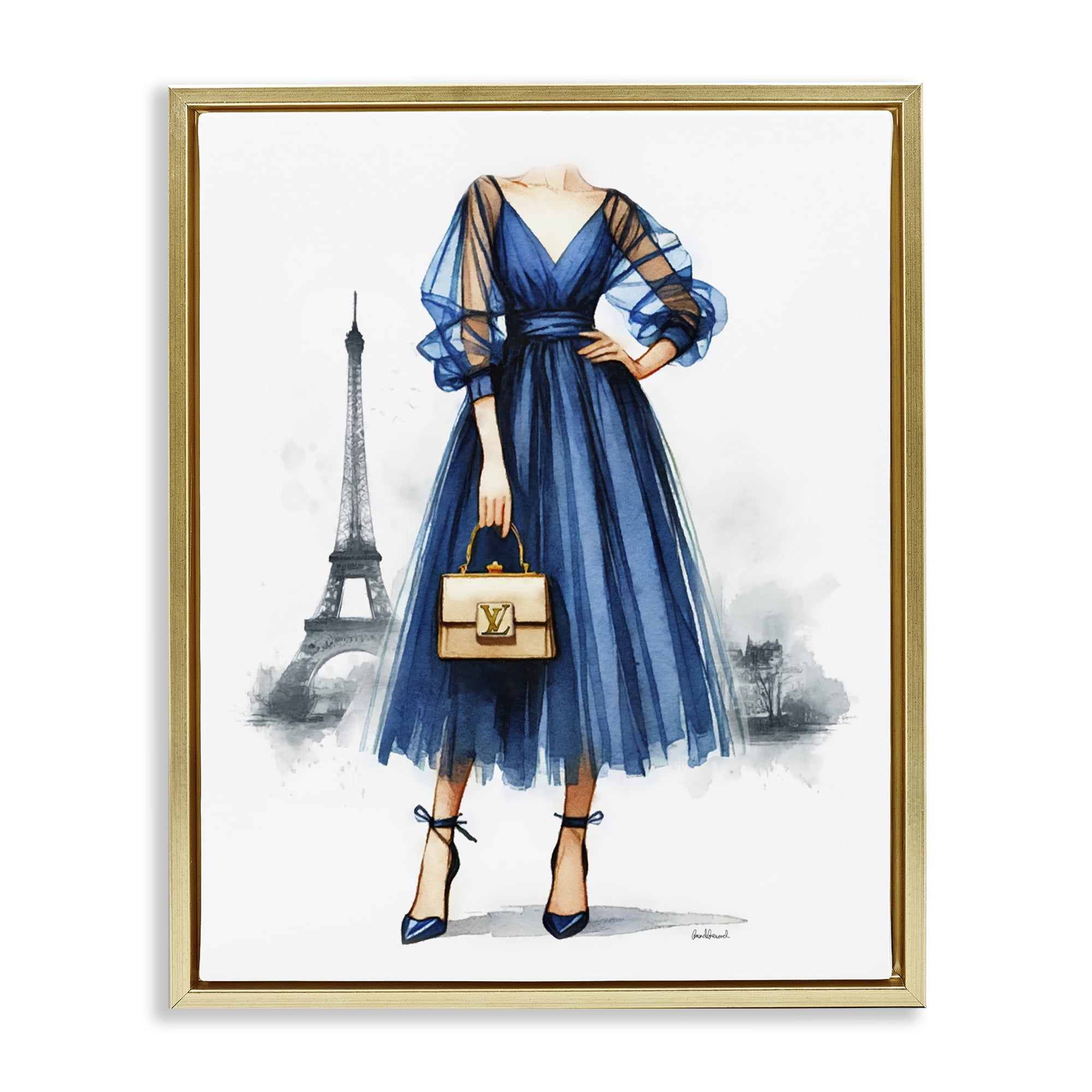 Stupell Industries Parisian Fashion Woman Fashion Painting Gold Floater Framed Canvas Art Print Wall Art, 17 x 21
