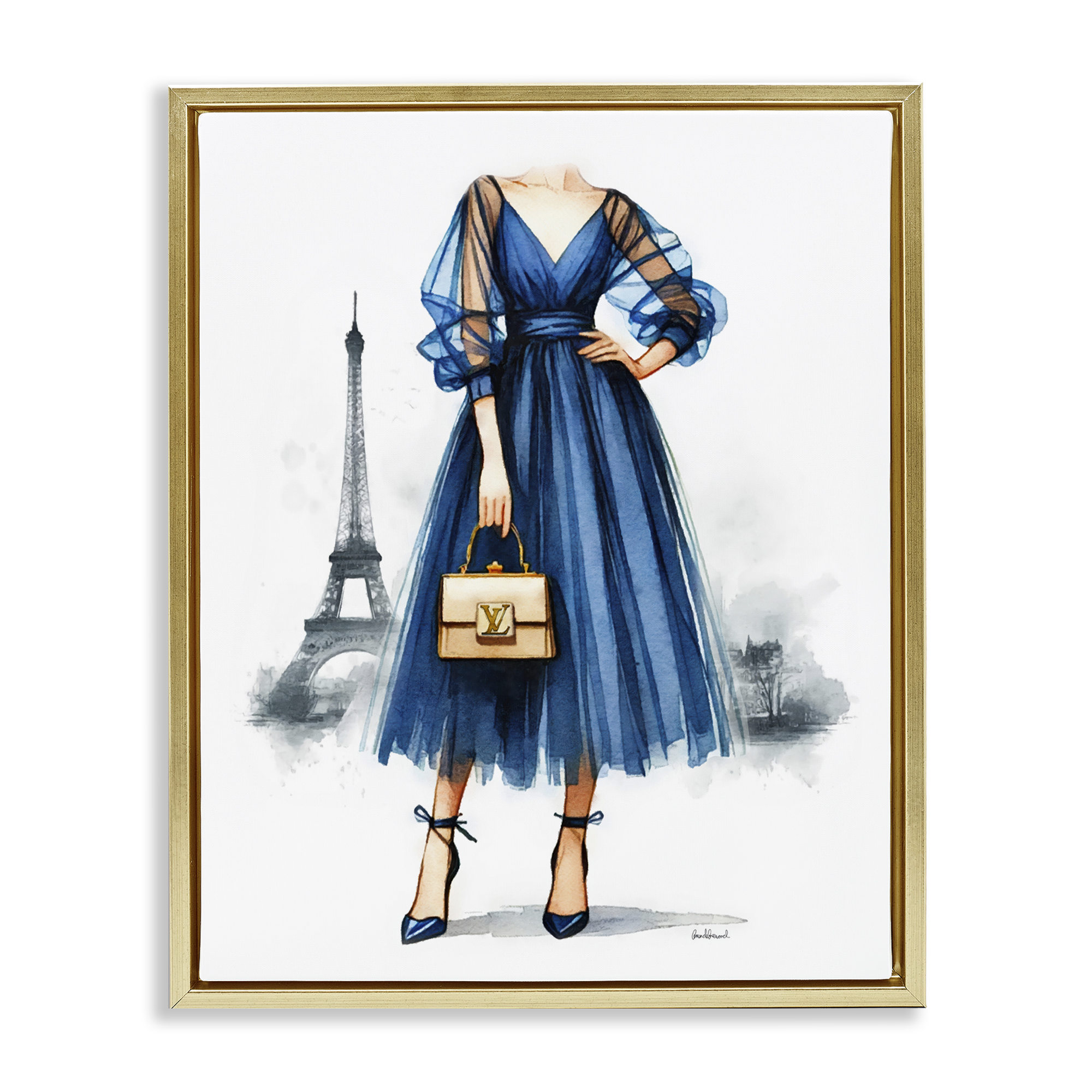 Stupell Industries Parisian Fashion Woman Fashion Painting Gold Floater Framed Canvas Art Print Wall Art, 25 x 31