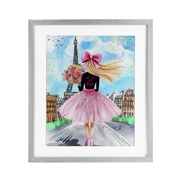 Stupell Industries Parisian Fashionista & Bouquet Gray Framed Print Under Glass design by Jess Stempel, 16 x 13