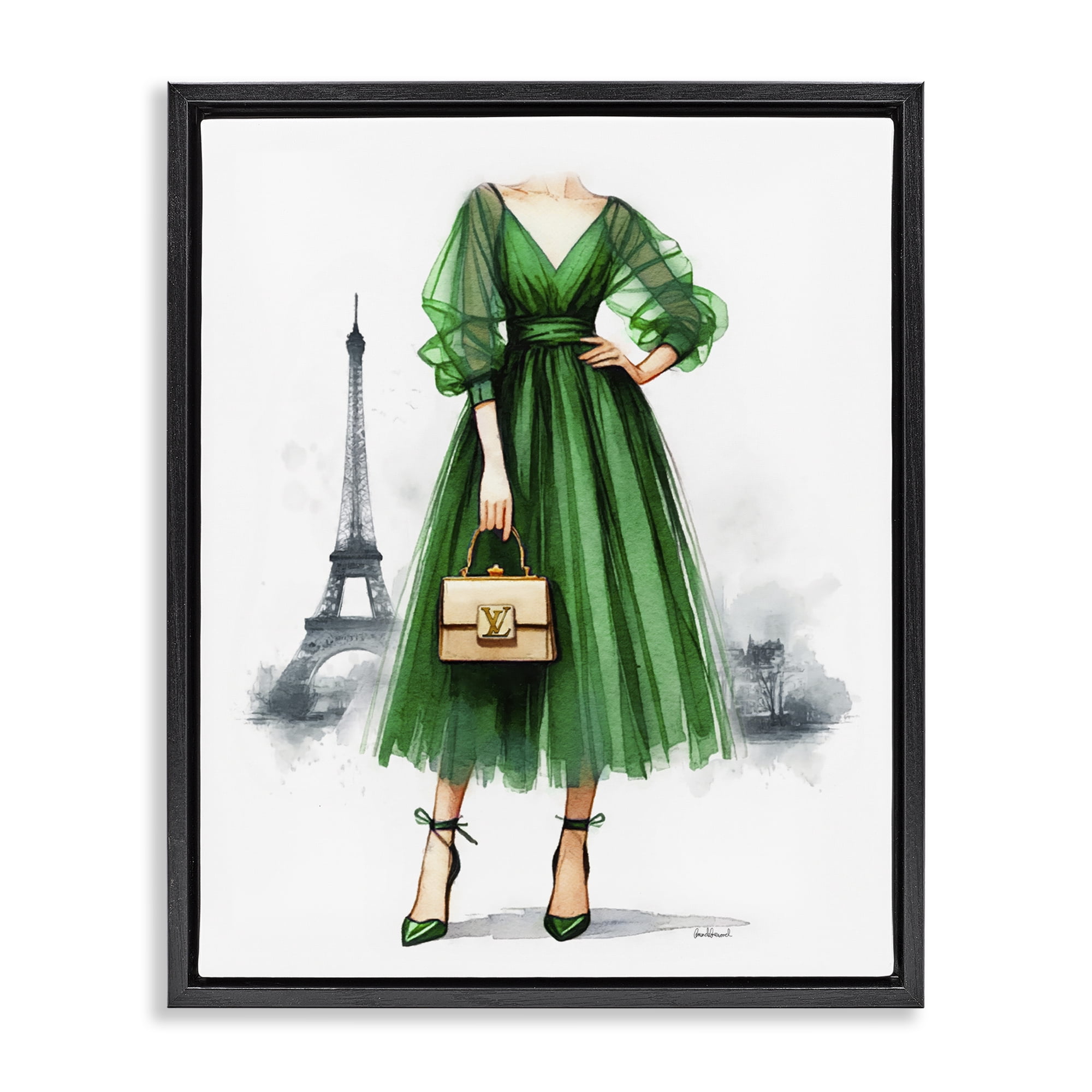 Stupell Industries Parisian Girl Fashion Fashion Painting Black Floater Framed Canvas Art Print Wall Art, 17 x 21