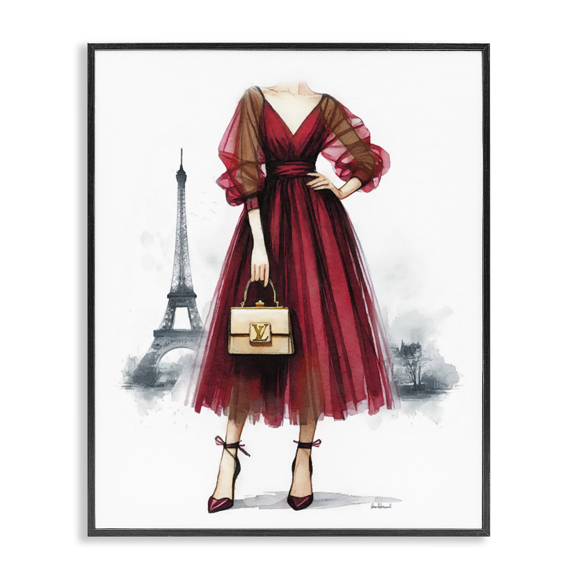Stupell Industries Parisian Girl in Dress Fashion Painting Black Framed Art Print Wall Art, 11 x 14