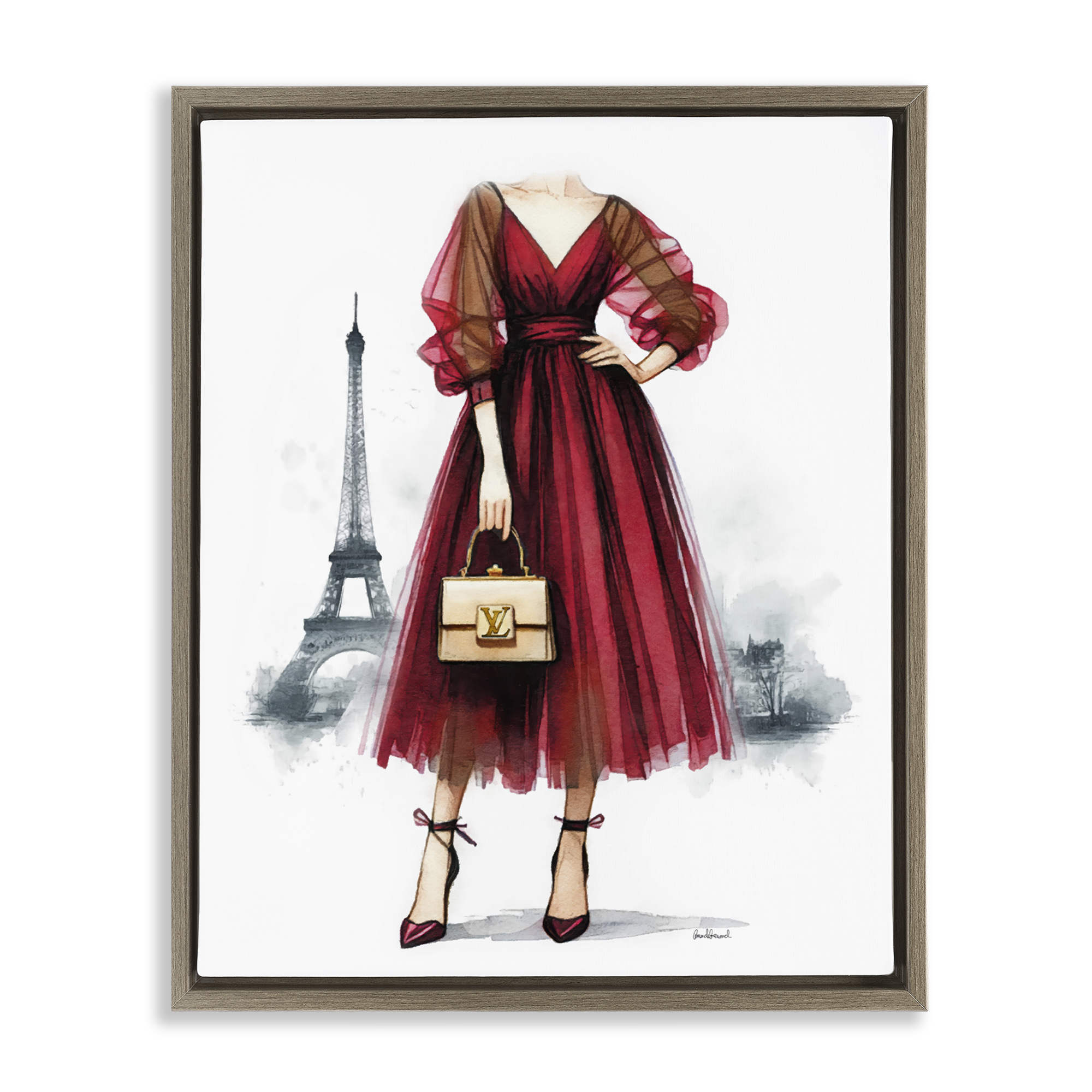 Stupell Industries Parisian Girl in Dress Fashion Painting Brown Floater Framed Canvas Art Print Wall Art, 17 x 21