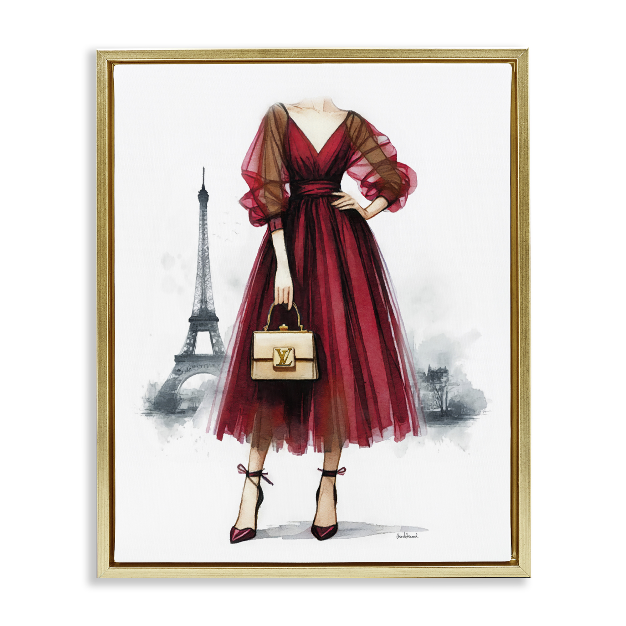 Stupell Industries Parisian Girl in Dress Fashion Painting Gold Floater Framed Canvas Art Print Wall Art, 17 x 21