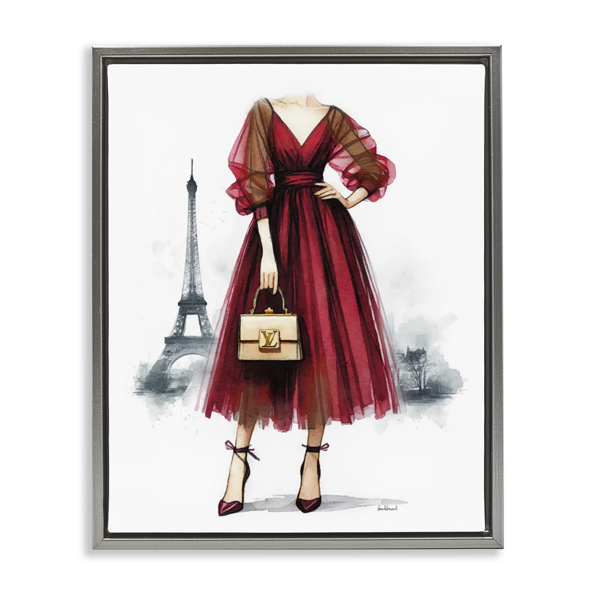 Stupell Industries Parisian Girl in Dress Fashion Painting Gray Floater Framed Canvas Art Print Wall Art, 25 x 31