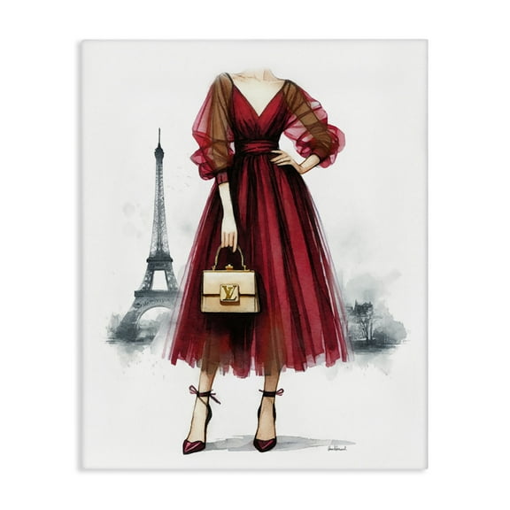 Stupell Industries Parisian Girl in Dress Fashion Painting Wrapped Canvas Art Print Wall Art, 16 x 20