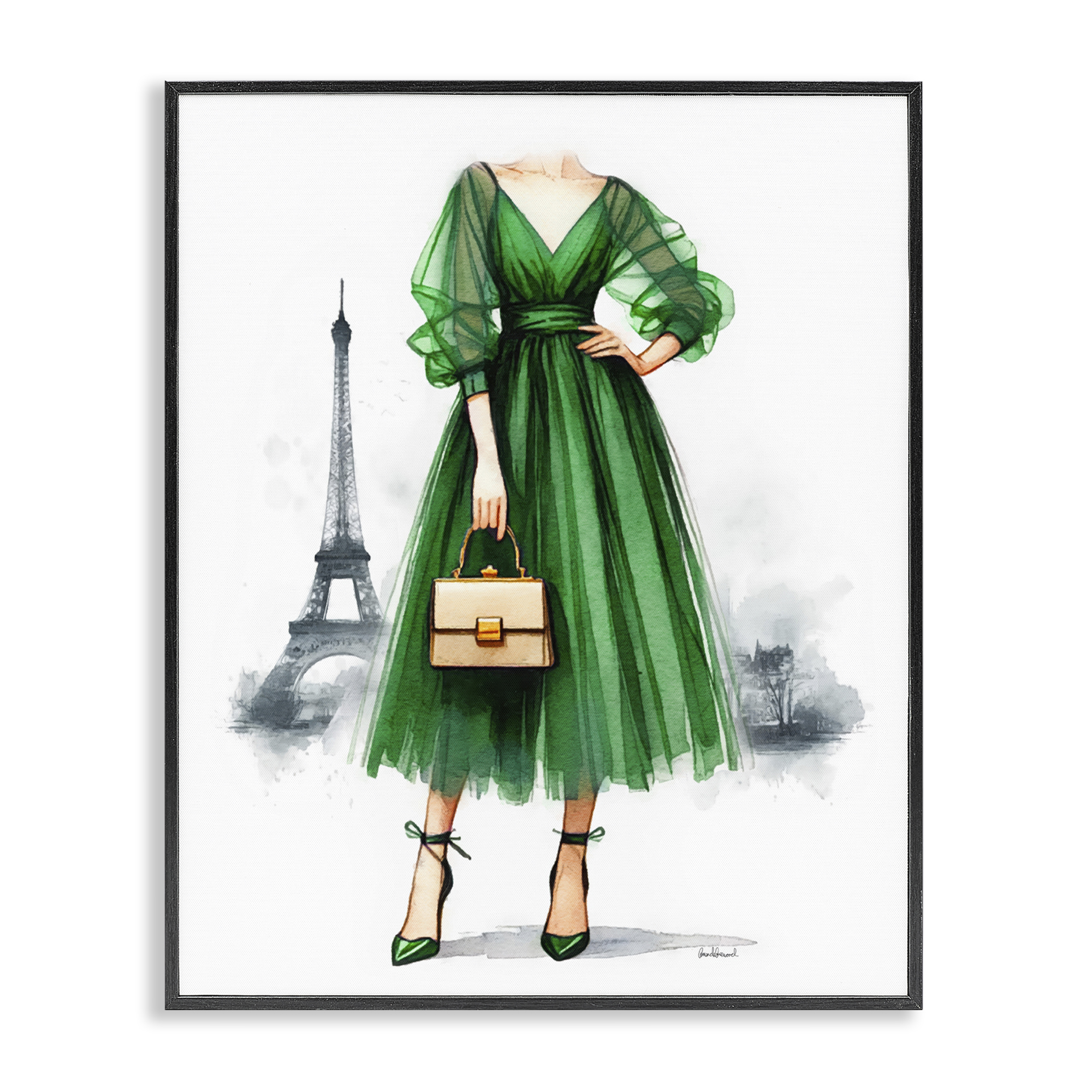 Stupell Industries Parisian Green Dress Fashion Painting Black Framed Art Print Wall Art, 24 x 30