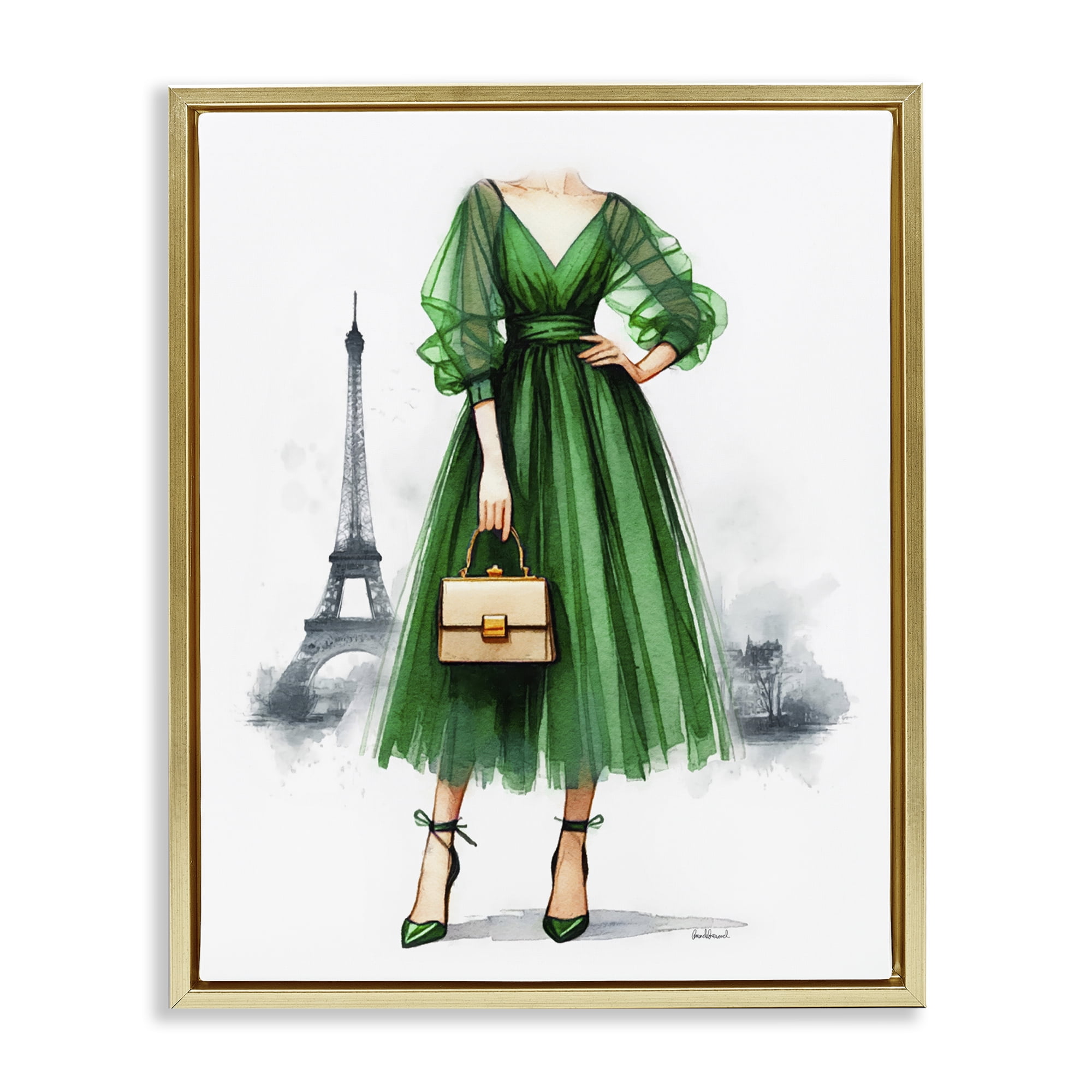 Stupell Industries Parisian Green Dress Fashion Painting Gold Floater Framed Canvas Art Print Wall Art, 17 x 21