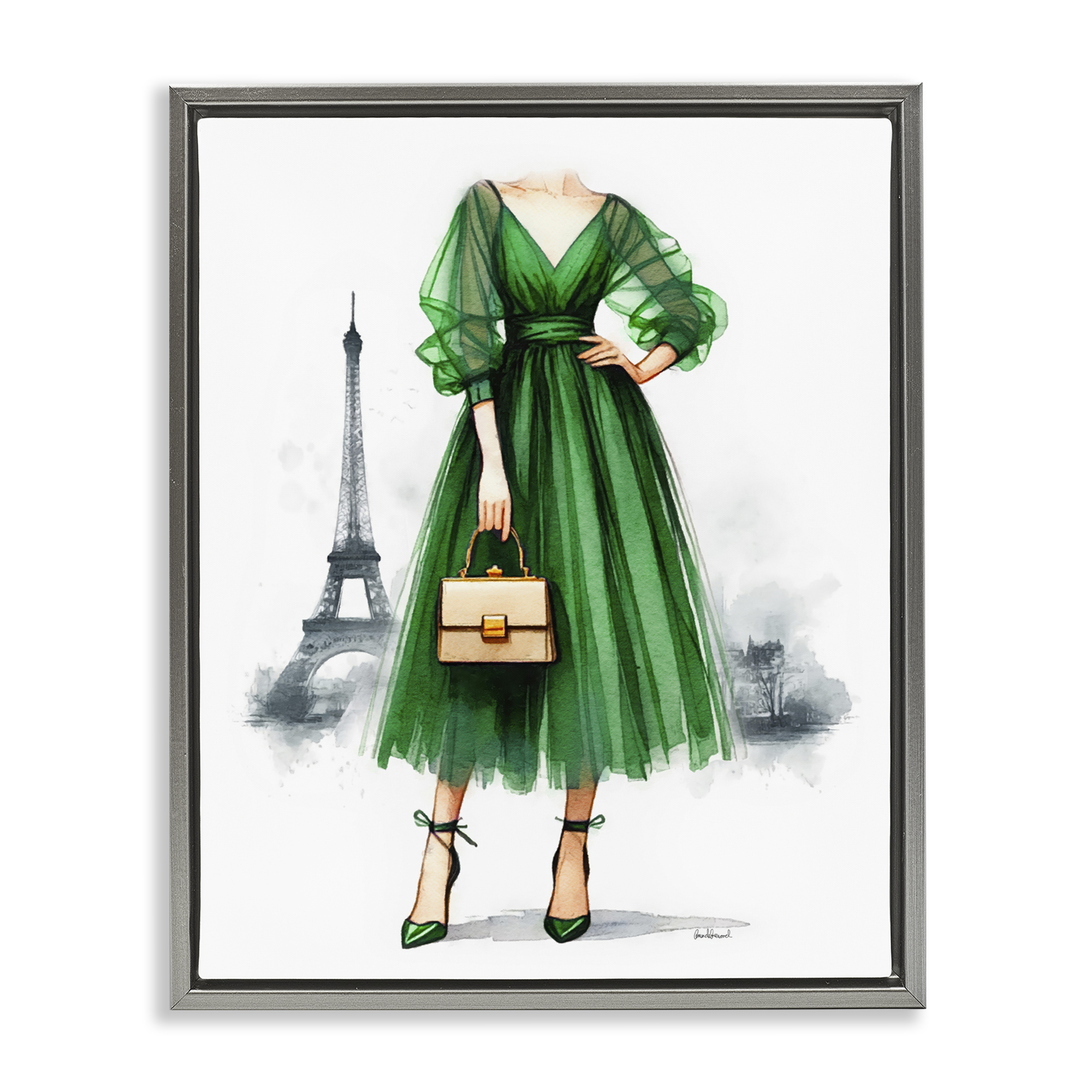 Stupell Industries Parisian Green Dress Fashion Painting Gray Floater Framed Canvas Art Print Wall Art, 25 x 31