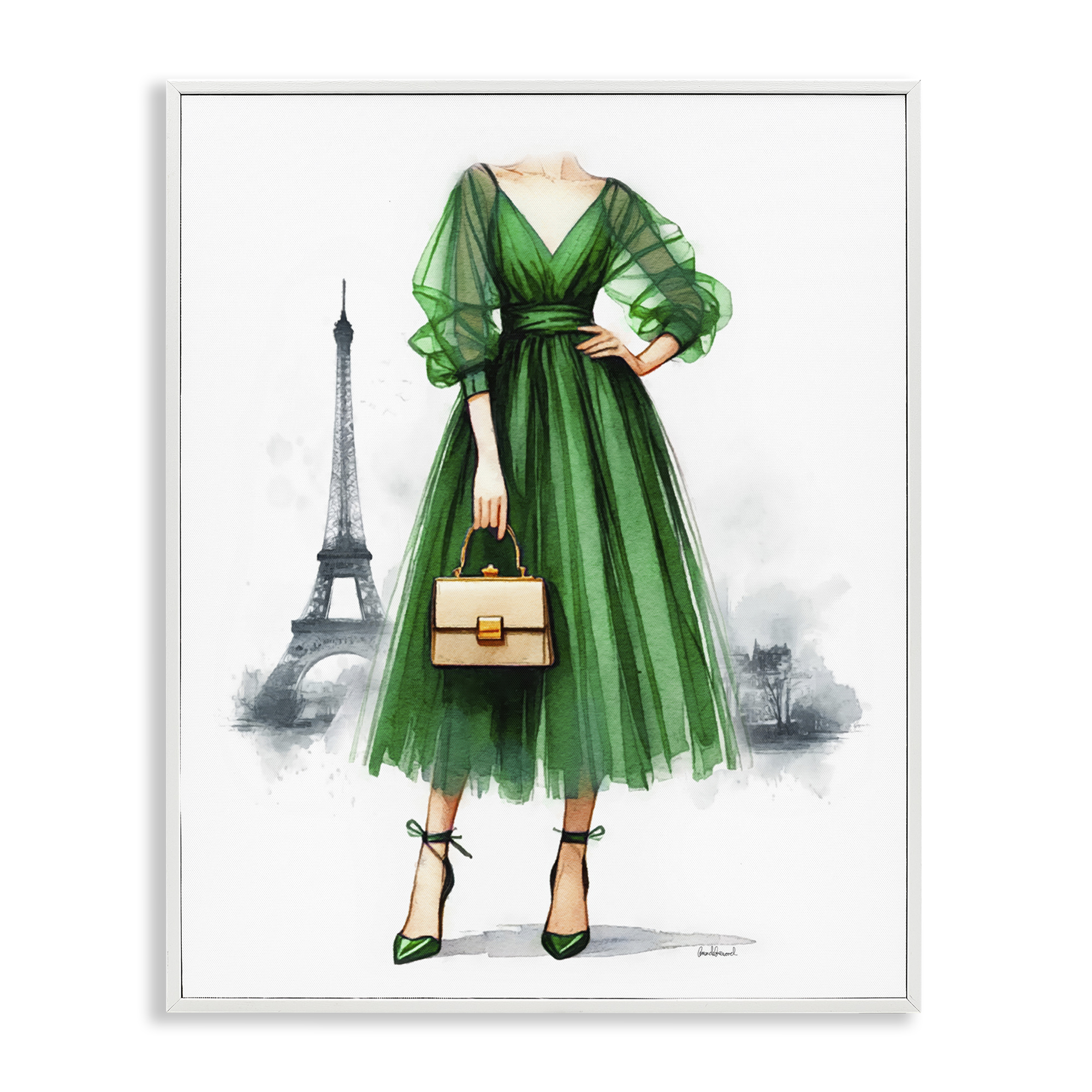 Stupell Industries Parisian Green Dress Fashion Painting White Framed Art Print Wall Art, 24 x 30