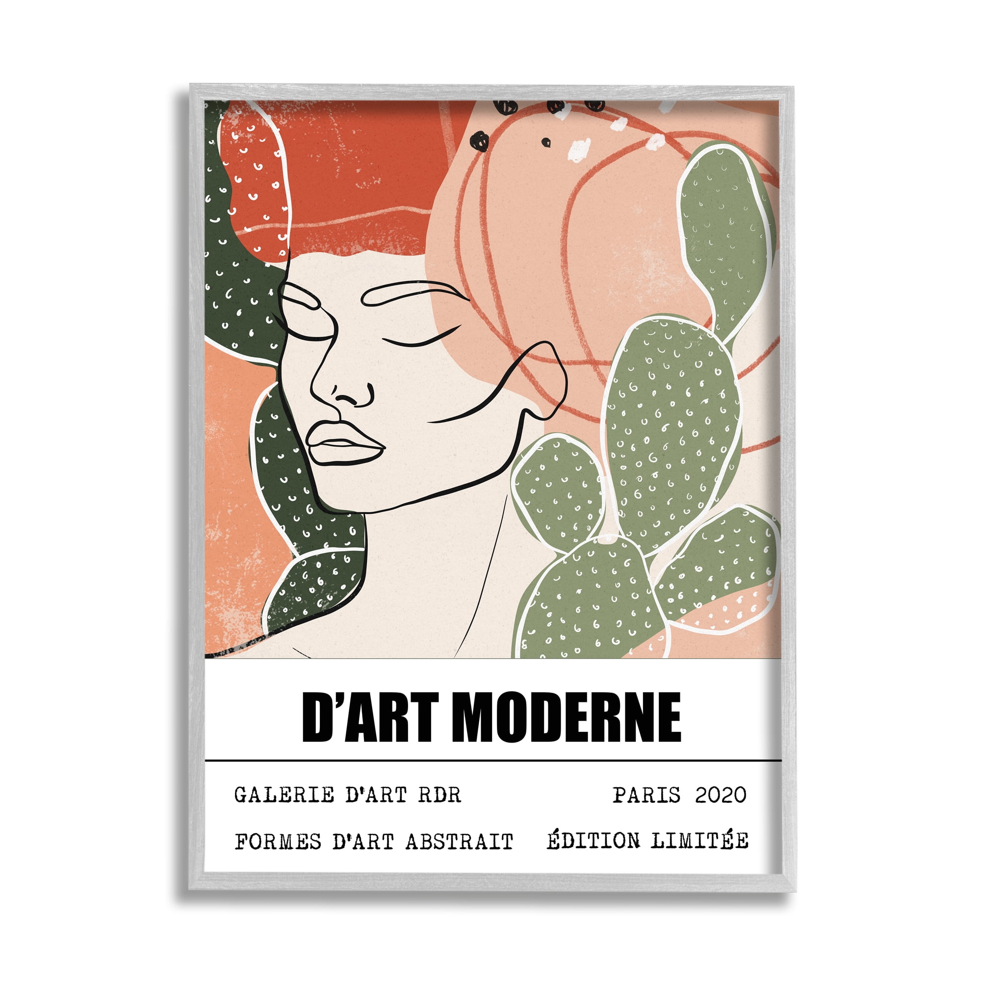 Stupell Industries Parisian Modern Abstraction Woman's Face Green Cactus Classic Painting Gray Framed Art Print Wall Art, 24 x 30, Design by Ros Ruseva