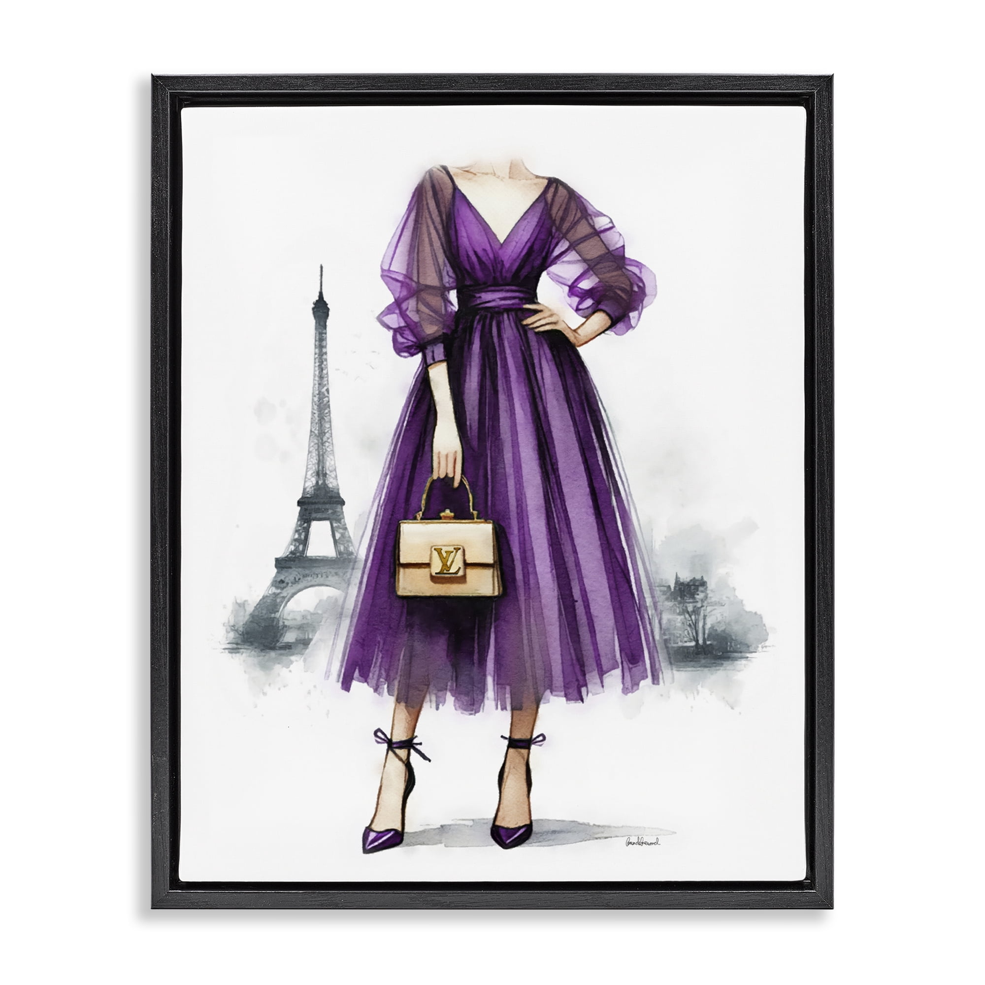 Stupell Industries Parisian Purple Dress Fashion Painting Black Floater Framed Canvas Art Print Wall Art, 17 x 21