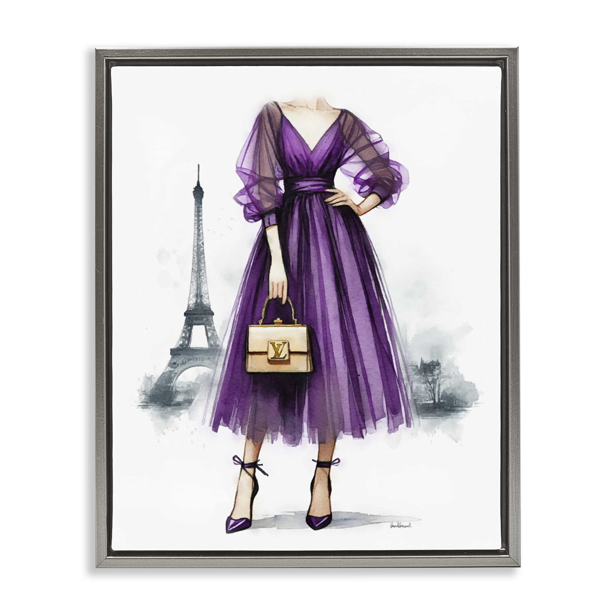 Stupell Industries Parisian Purple Dress Fashion Painting Gray Floater Framed Canvas Art Print Wall Art, 17 x 21