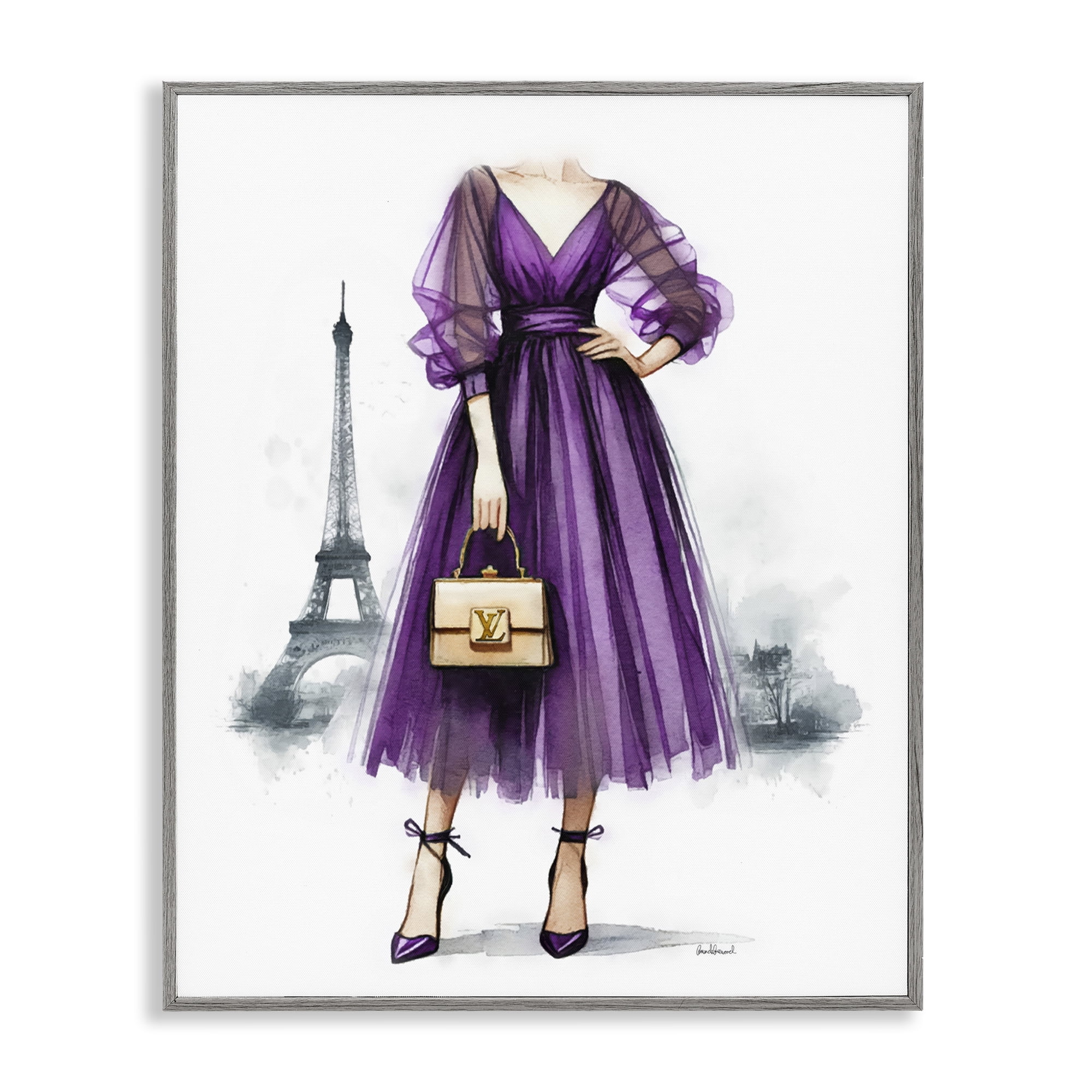 Stupell Industries Parisian Purple Dress Fashion Painting Gray Framed Art Print Wall Art, 24 x 30