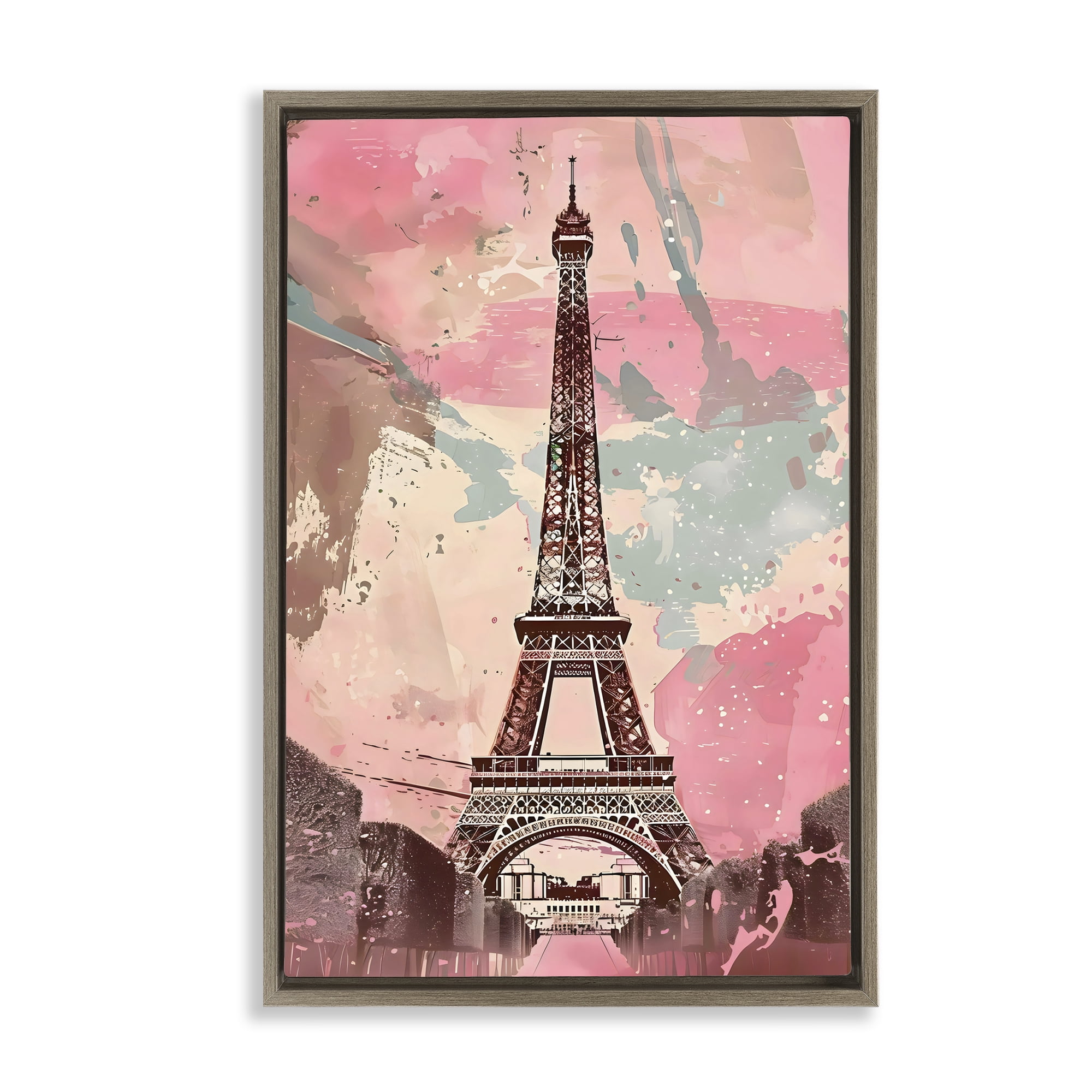 Stupell Industries Parisian Tower Pink & Blue Brown Framed Floater Canvas Wall Art, design by Creative Studio