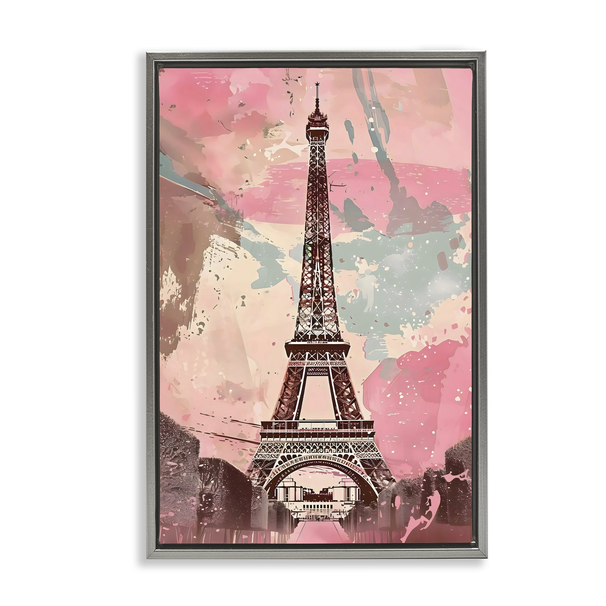 Stupell Industries Parisian Tower Pink & Blue Gray Framed Floater Canvas Wall Art, design by Creative Studio