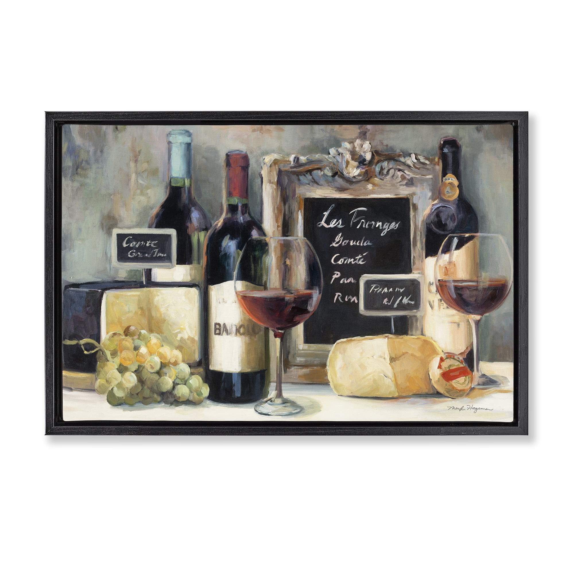 Stupell Industries Parisian Wine & Cheese Food & Beverage Painting Black Floater Framed Canvas Art Print Wall Art, 31 x 21