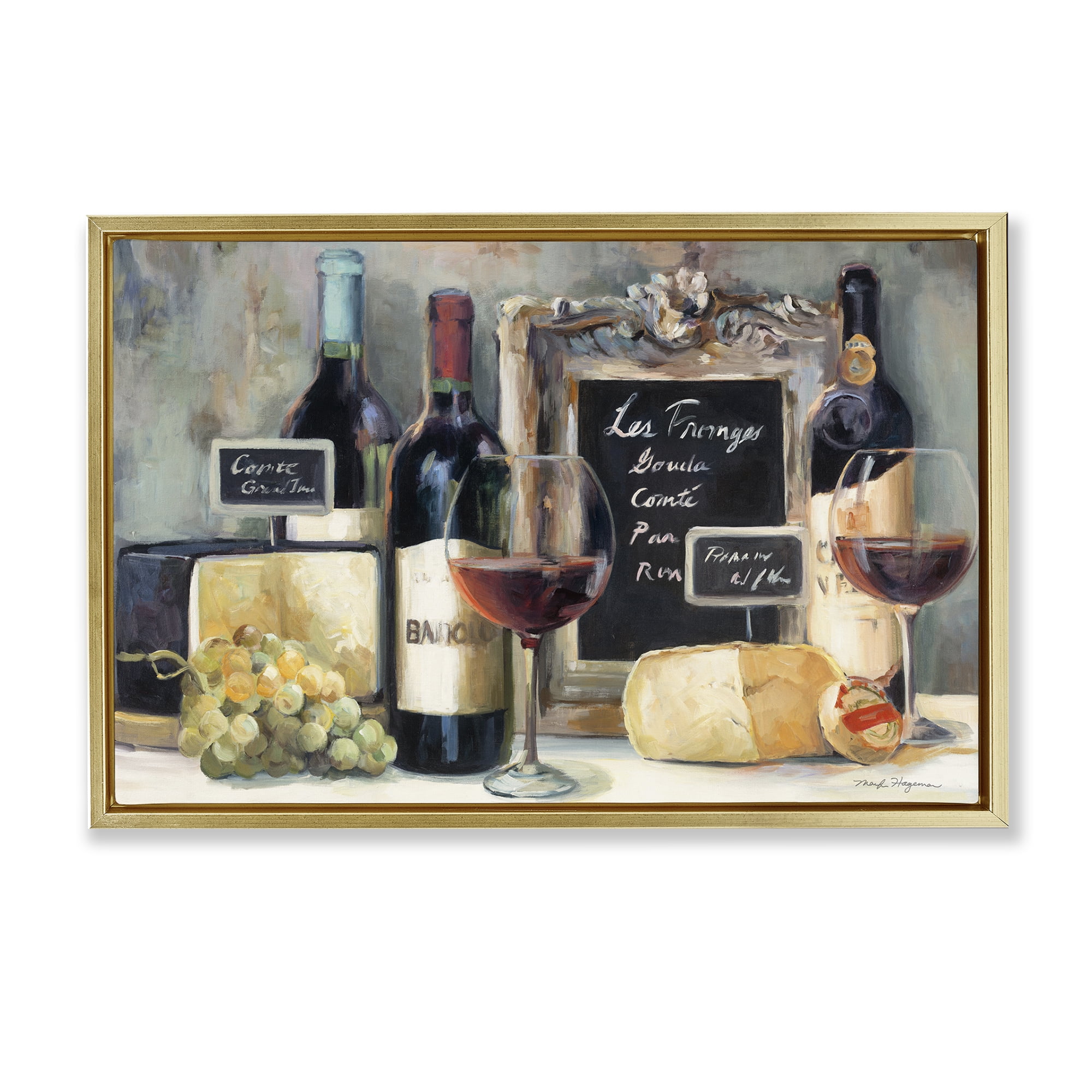 Stupell Industries Parisian Wine & Cheese Food & Beverage Painting Gold Floater Framed Canvas Art Print Wall Art, 31 x 21